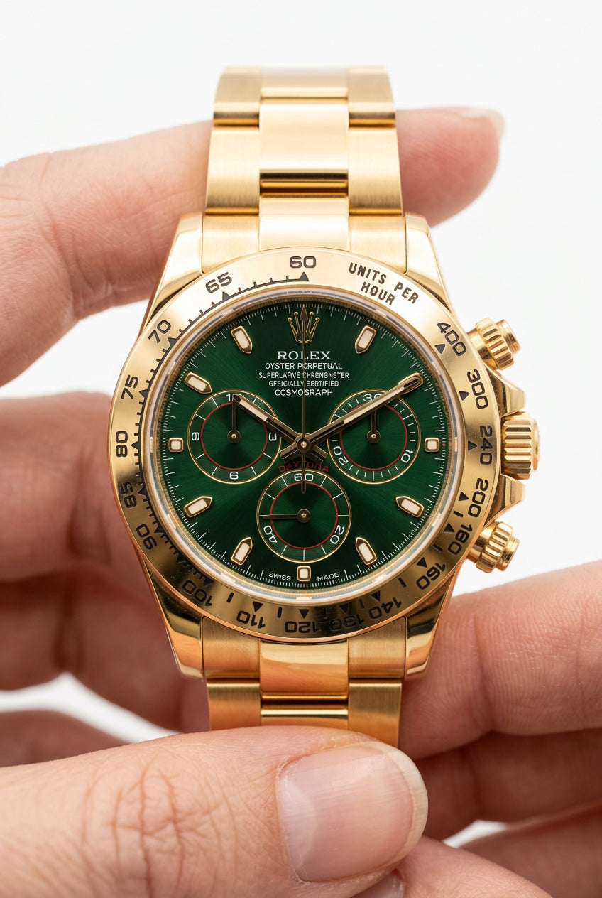 Montre Rolex Daytona John Mayer en or jaune avec cadran vert, pièce de luxe emblématique.
