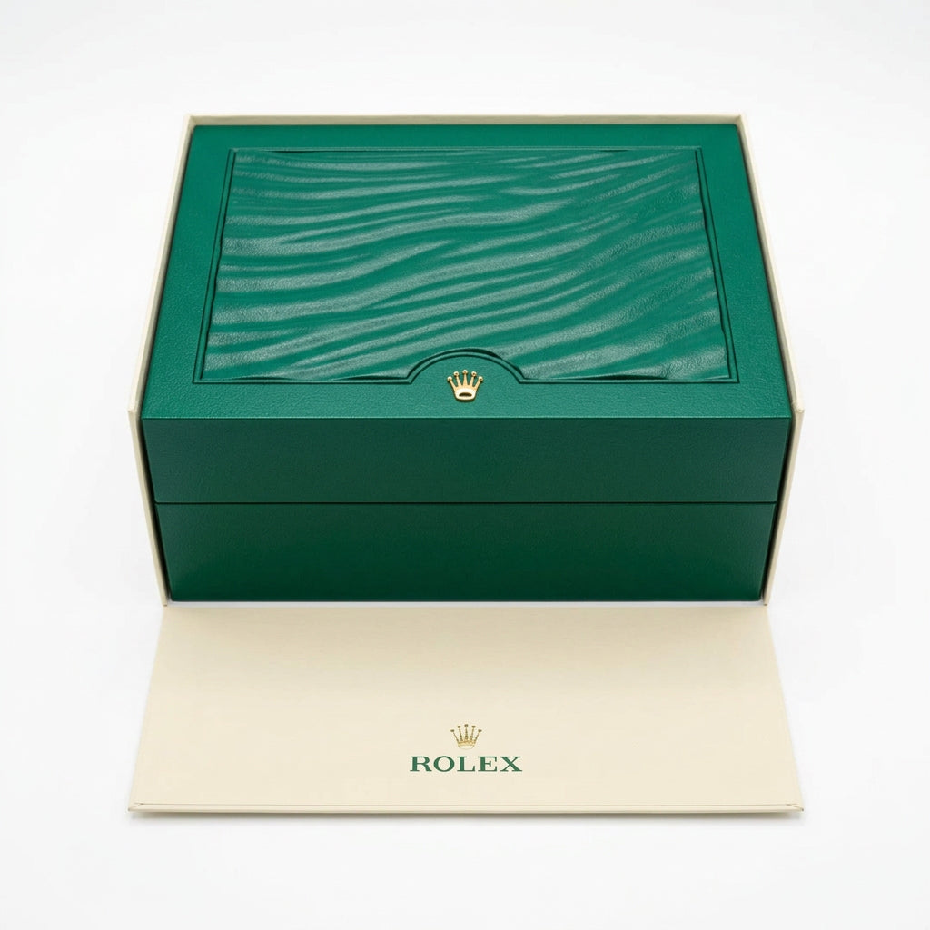Boîte de montre Rolex verte avec logo, parfaite pour la montre rolex daytona john mayer.