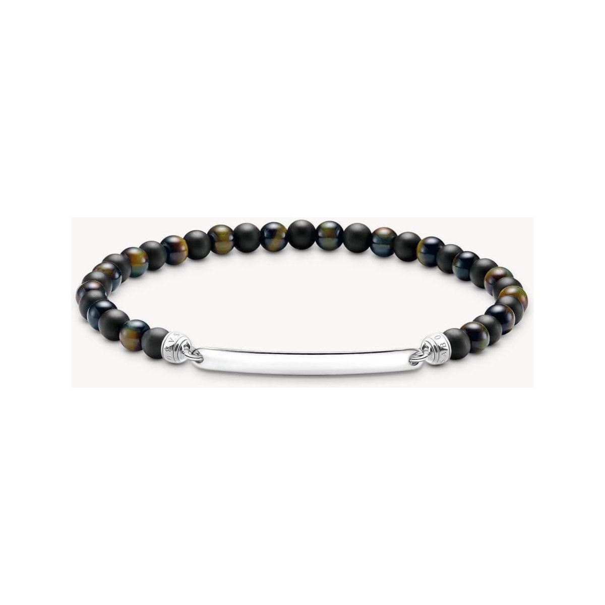 Bracelet extensible avec perles en obsidienne et œil de tigre, barrette en argent gravable.