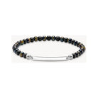 Bracelet extensible avec perles en obsidienne et œil de tigre, barrette en argent gravable.