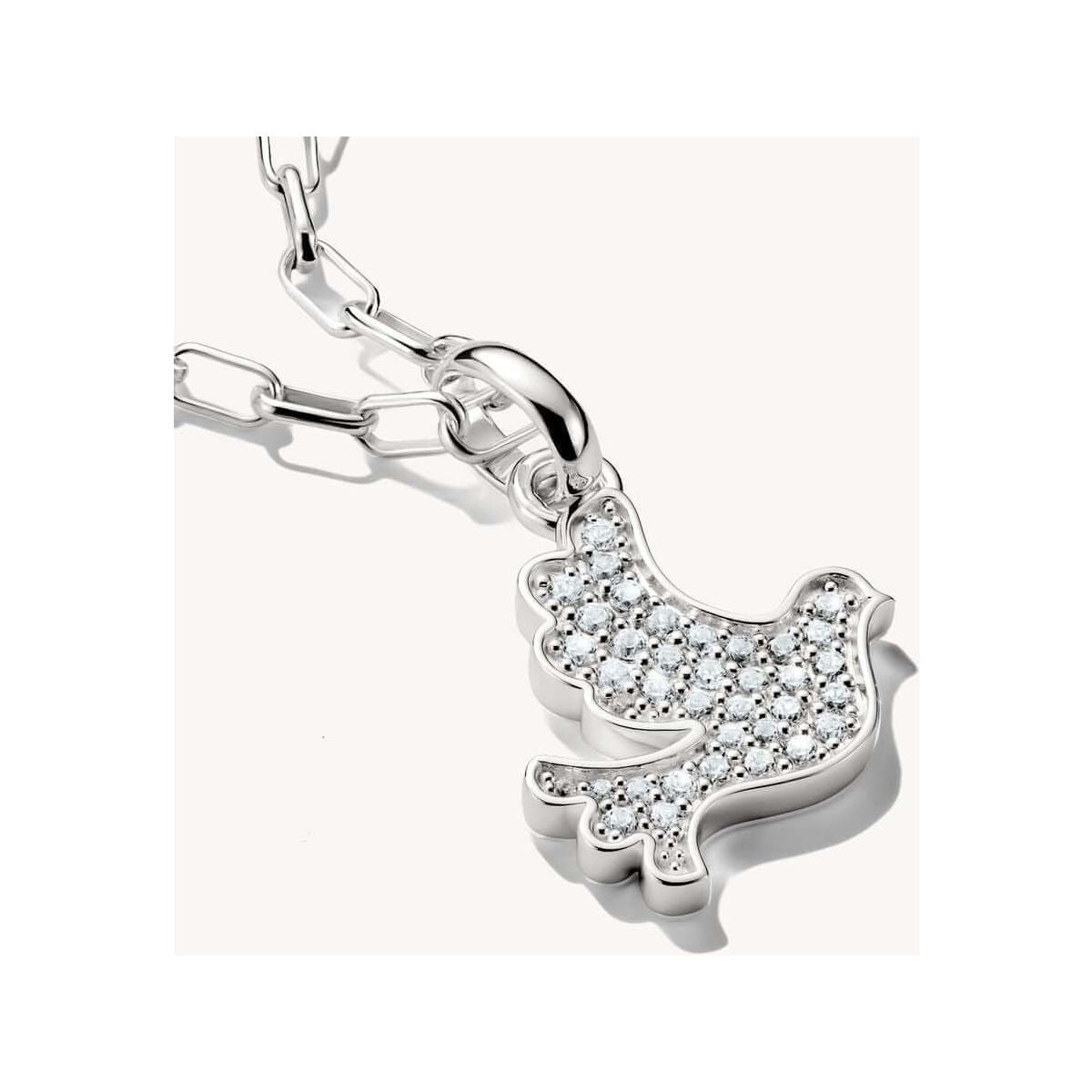 Pendentif charm colombe de la paix en argent 925 recyclé, orné de zirconiums blancs, symbole d'espoir.