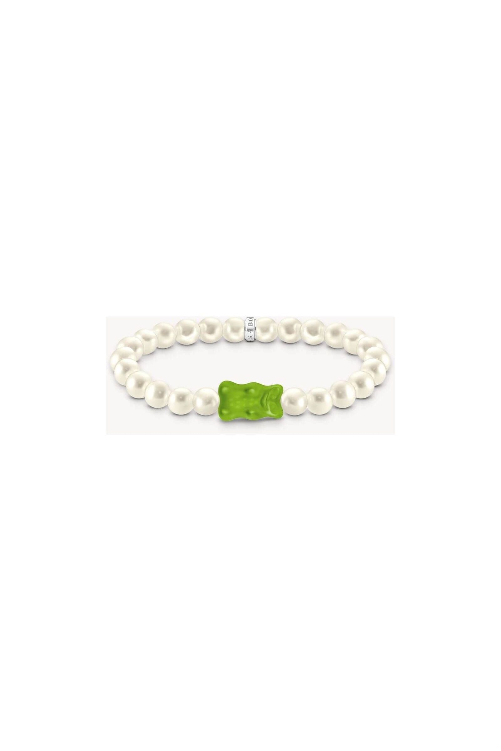 Bracelet de perles avec Ours d'or vert en cristal, anneau en argent recyclé, design élégant et original.
