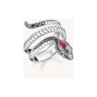 Bague serpent enroulée ornée de pierres noires et centrale en goutte, symbole de séduction et protection.