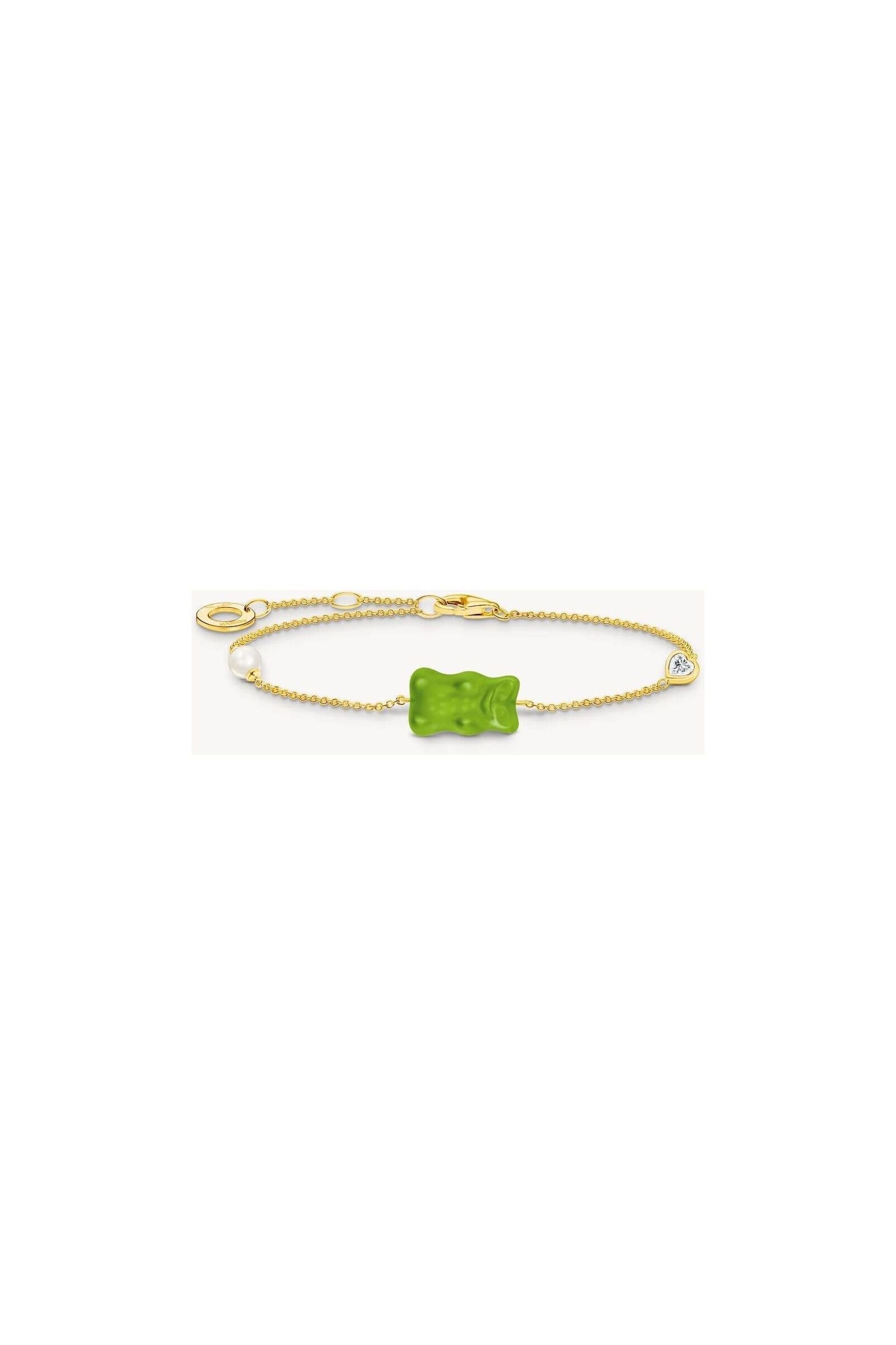 Bracelet en argent recyclé, plaqué or 18 carats avec ours d'or vert, perle d'eau douce et zircone en cœur.