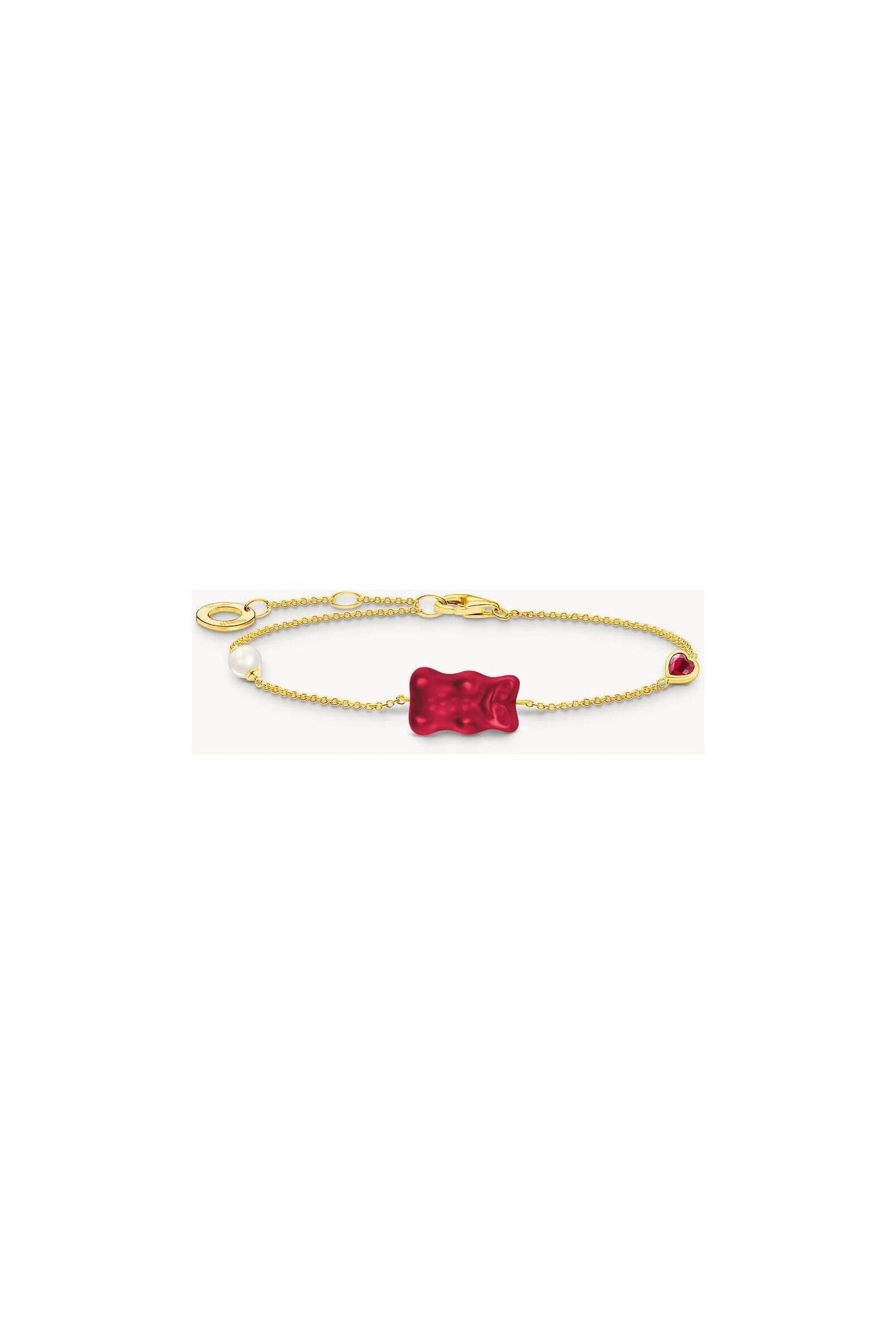 Bracelet en argent recyclé, plaqué or avec ours d’or rouge, perle d'eau douce et zircone taillée en cœur.