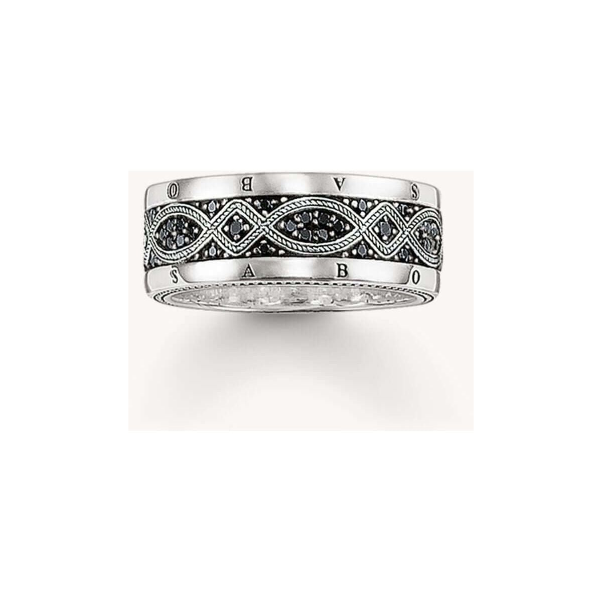 Bague ruban love knot en argent 925 recyclé avec design noir et argenté, ornée d'oxydes, collection THOMAS SABO.