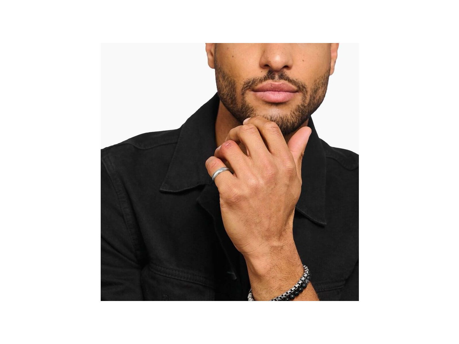 Man wearing a sleek silver band ring and bracelets, showcasing minimalist jewelry style.