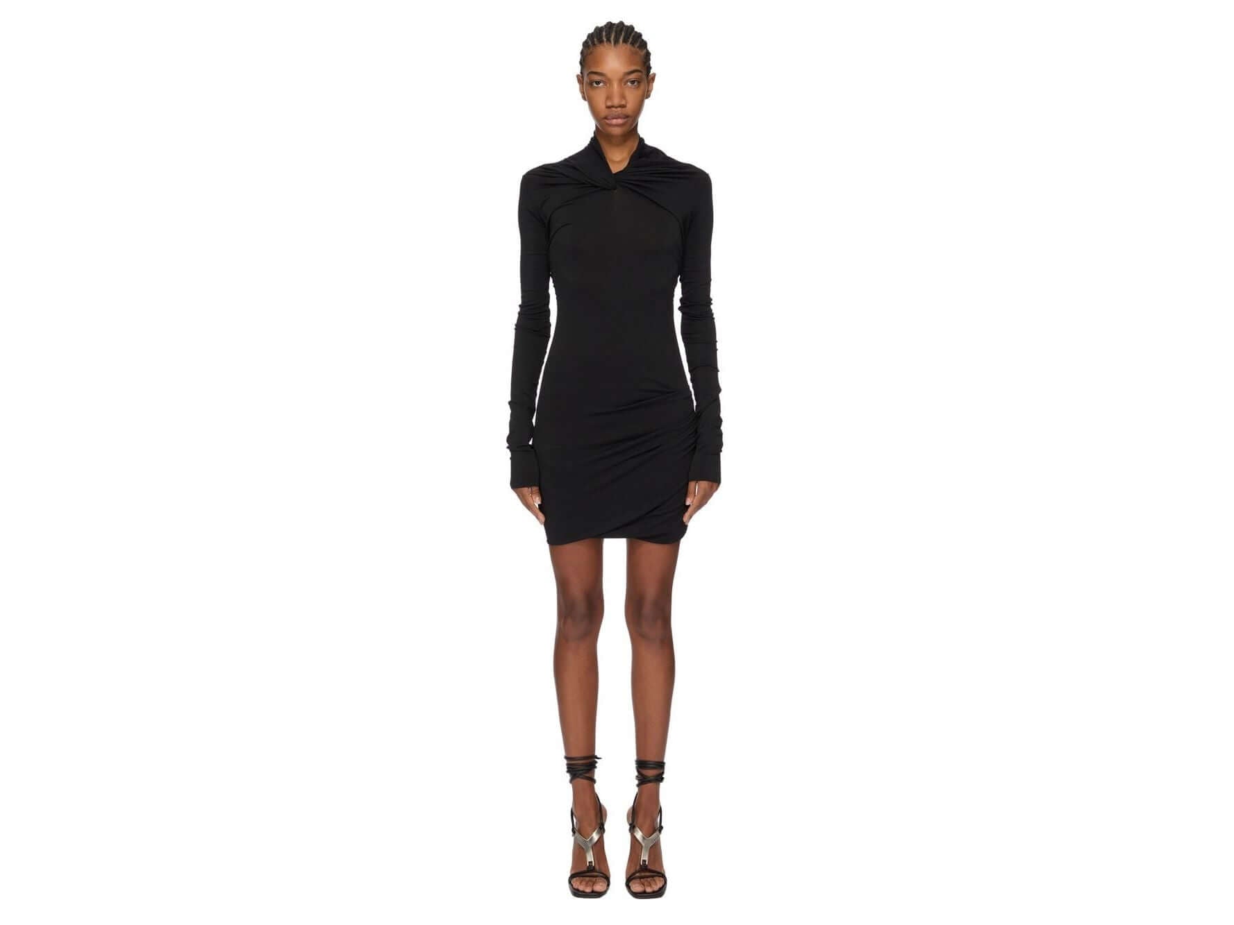 Robe mini Rick Owens en viscose crêpe noir avec col bénitier et drapés, style élégant et moderne.