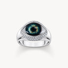 Bague en argent avec œil symbolique et zircons blancs, idéale pour un style contemporain et élégant.