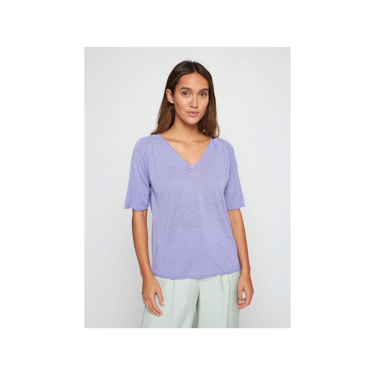 T-shirt femme Bonbon en lin flammé, coupe ample, couleur lavande, idéal pour l'été.