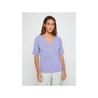 T-shirt femme Bonbon en lin flammé, coupe ample, couleur lavande, idéal pour l'été.