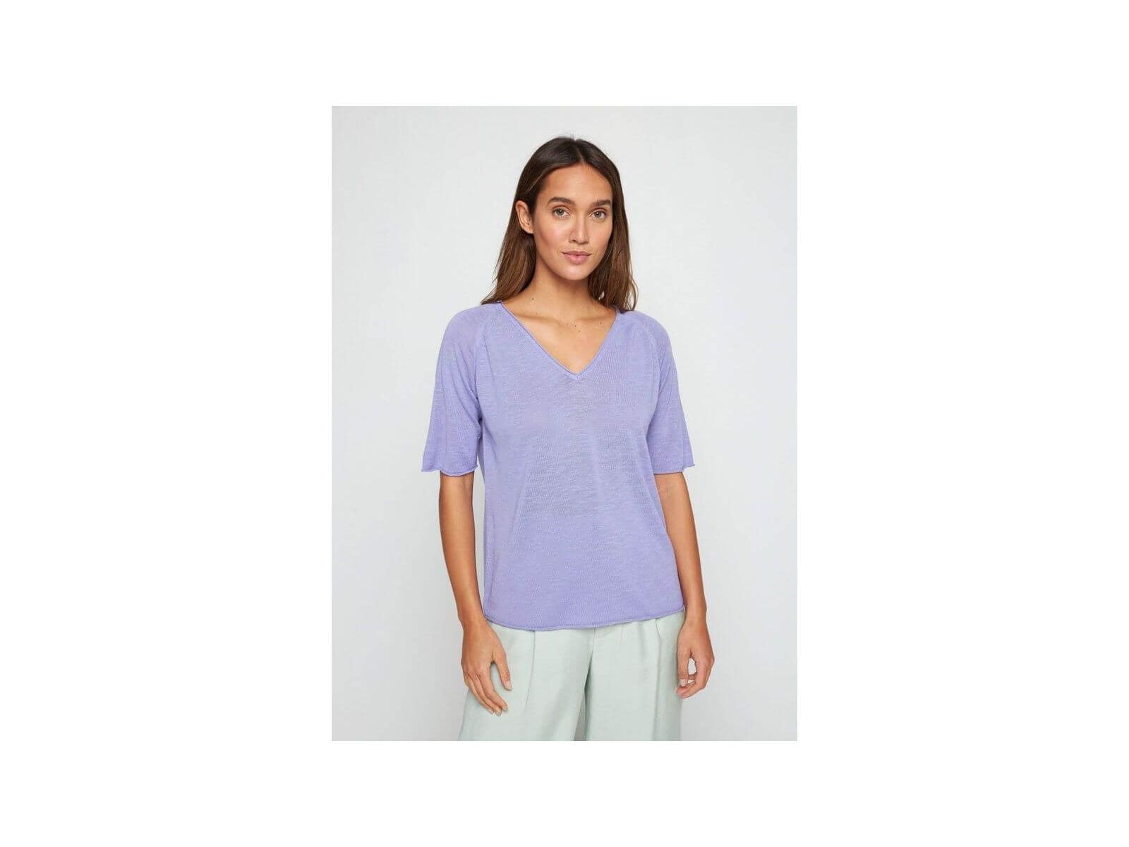 T-shirt femme Bonbon en lin flammé, coupe ample, couleur lavande, idéal pour l'été.