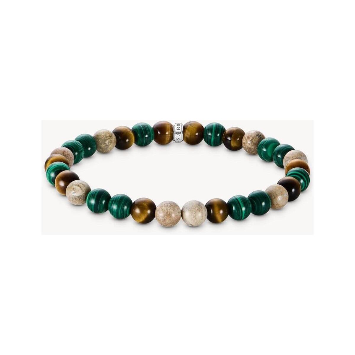 Bracelet en argent avec perles de jaspe Daisy, malachite et œil de tigre, combinant tons verts et terre.