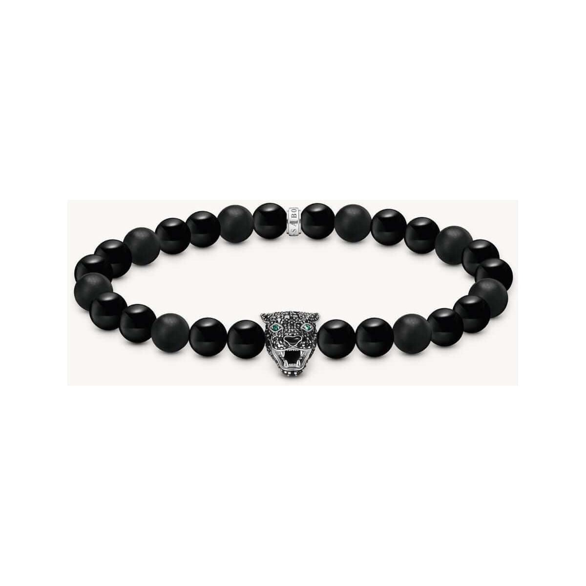 Bracelet en obsidienne avec perles noires et tête de chat argentée, ornée de zircones, signé THOMAS SABO.