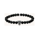 Bracelet en obsidienne avec perles noires et tête de chat argentée, ornée de zircones, signé THOMAS SABO.