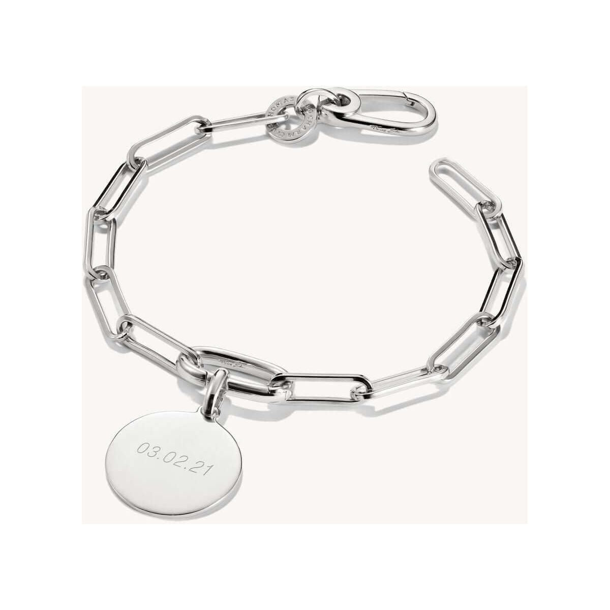 Bracelet charm paperclip en argent 925 recyclé avec connect link et médaille gravée, design moderne et élégant.
