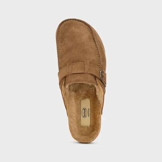 Mule Dakota en daim taupe avec doublure en fausse fourrure, confort et style parfaits, suede mules with faux fur lining.