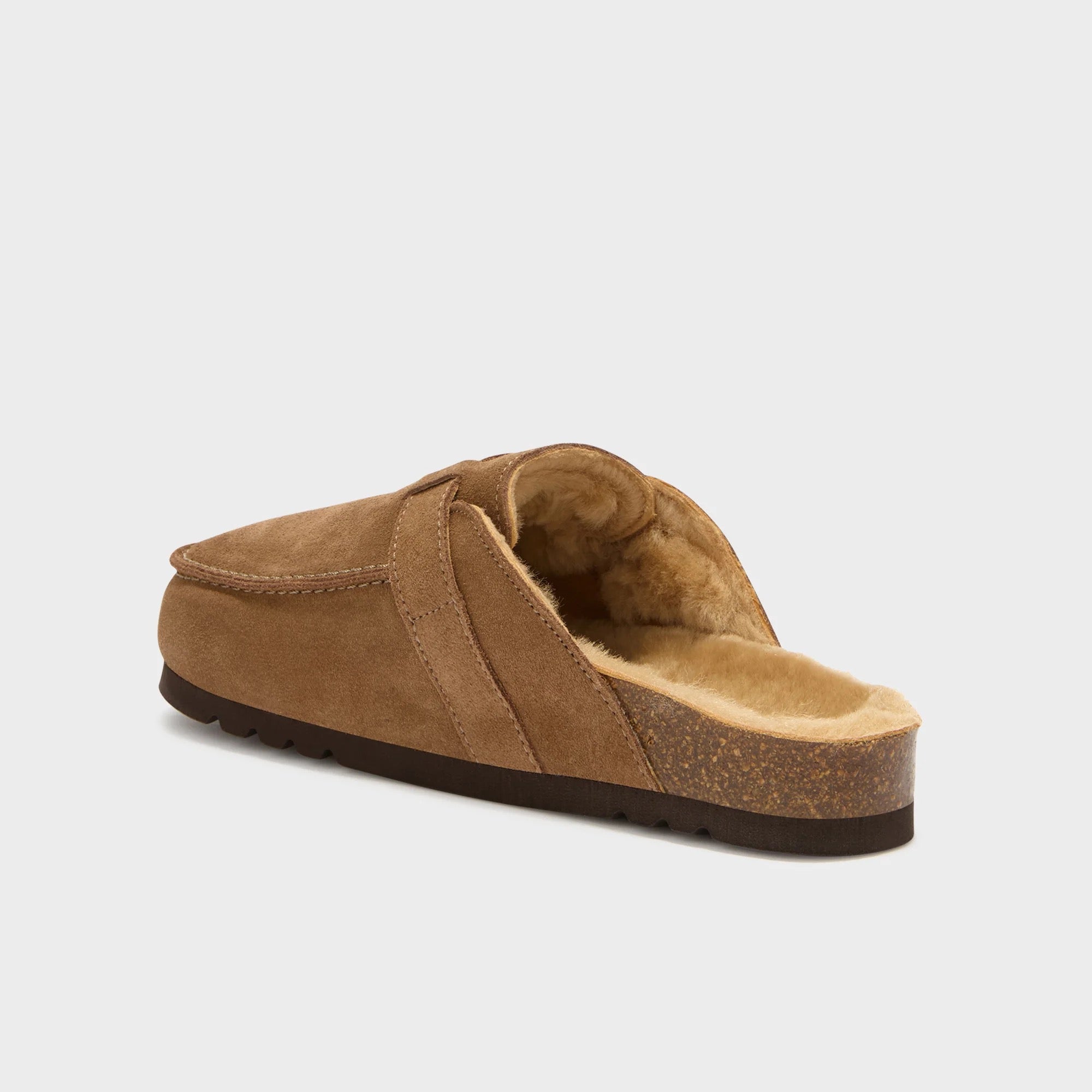 suede mules with faux fur lining, elegant taupe mule with comfortable faux fur interior