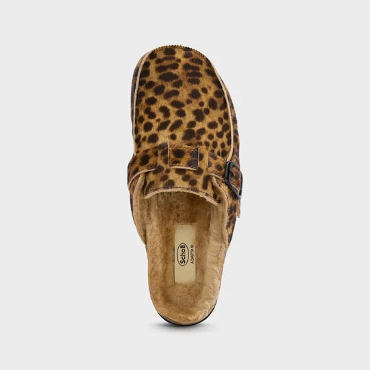 Mule Dakota - Pony leather mule with faux fur lining in animal print design.