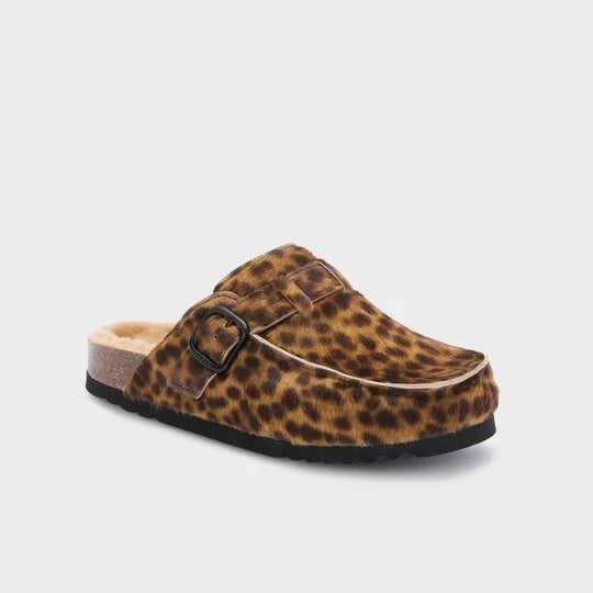 Mule Dakota - Ponte leather mule with faux fur lining featuring a stylish animal-print design.