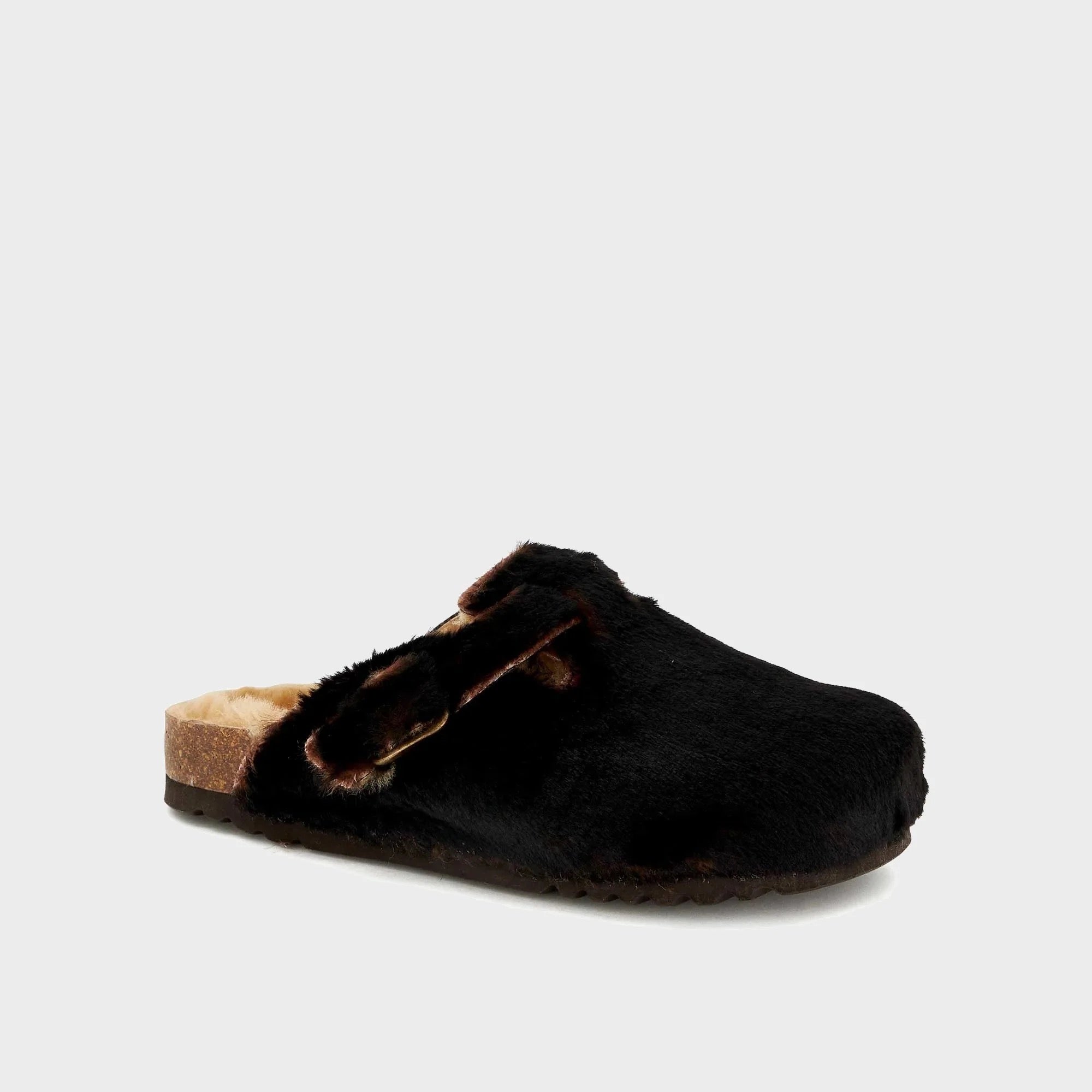 Chic Softstep mules in black fur design, featuring adjustable strap for comfort and style.