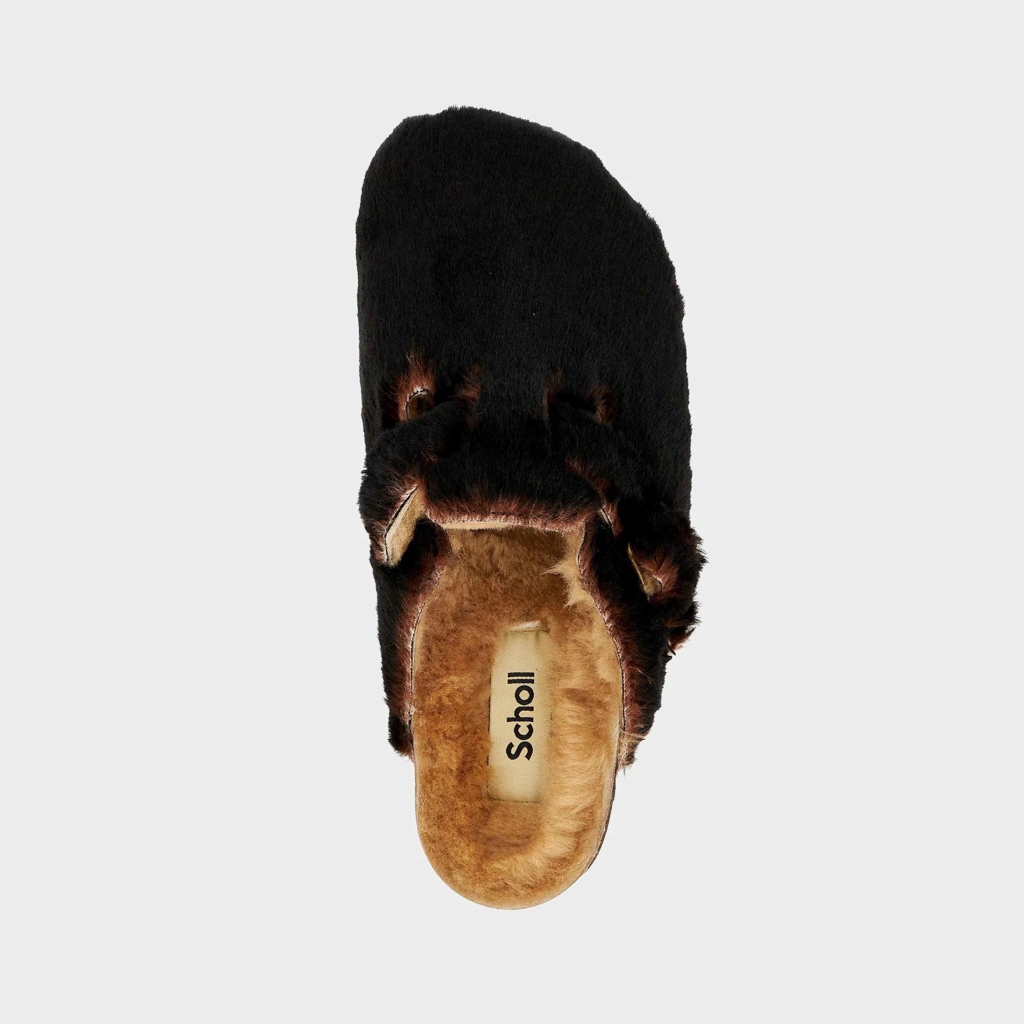 Chic Softstep mules in black, showcasing plush texture and comfort features from Scholl.