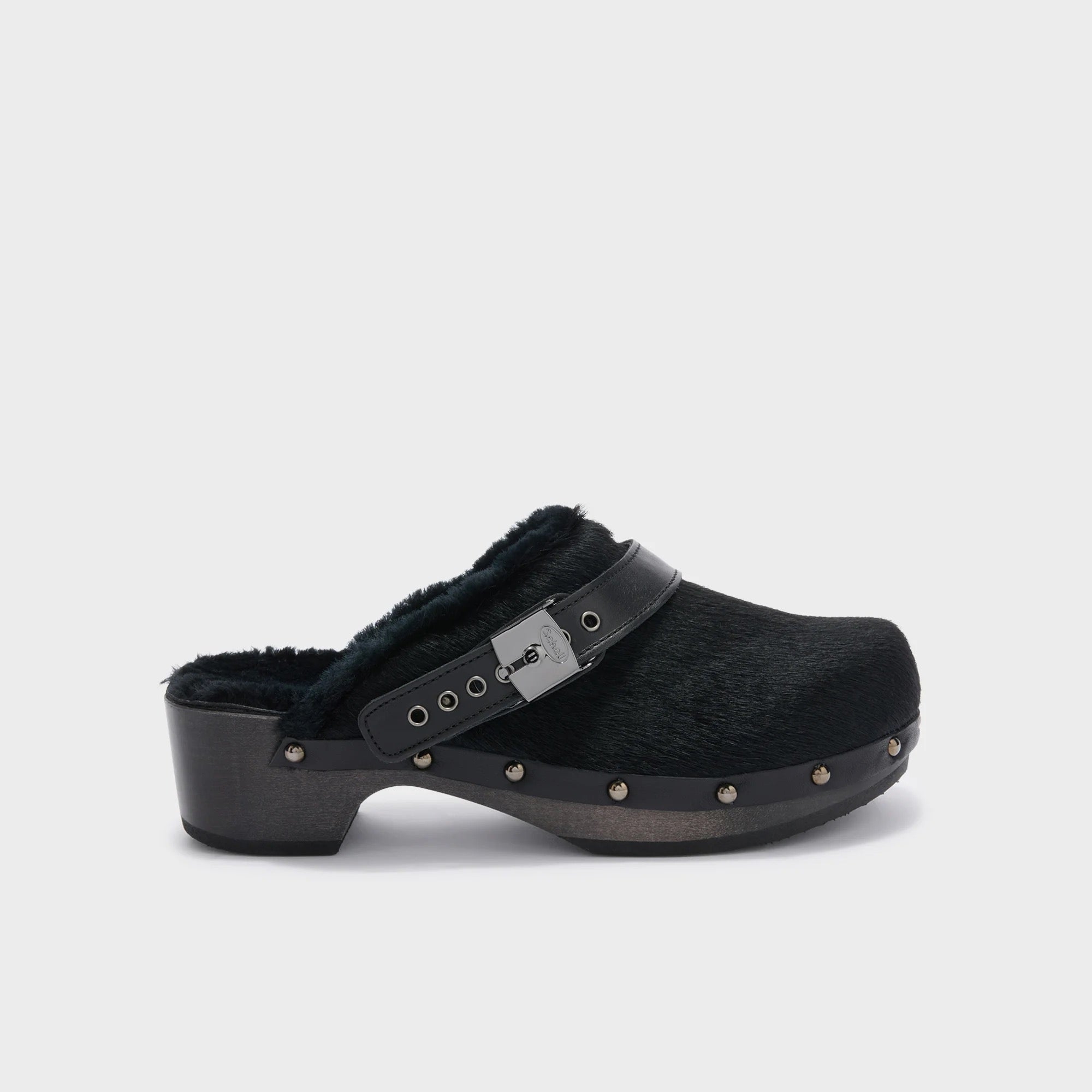 Ponytail leather wooden clogs featuring faux fur lining and elegant design, perfect for winter style.