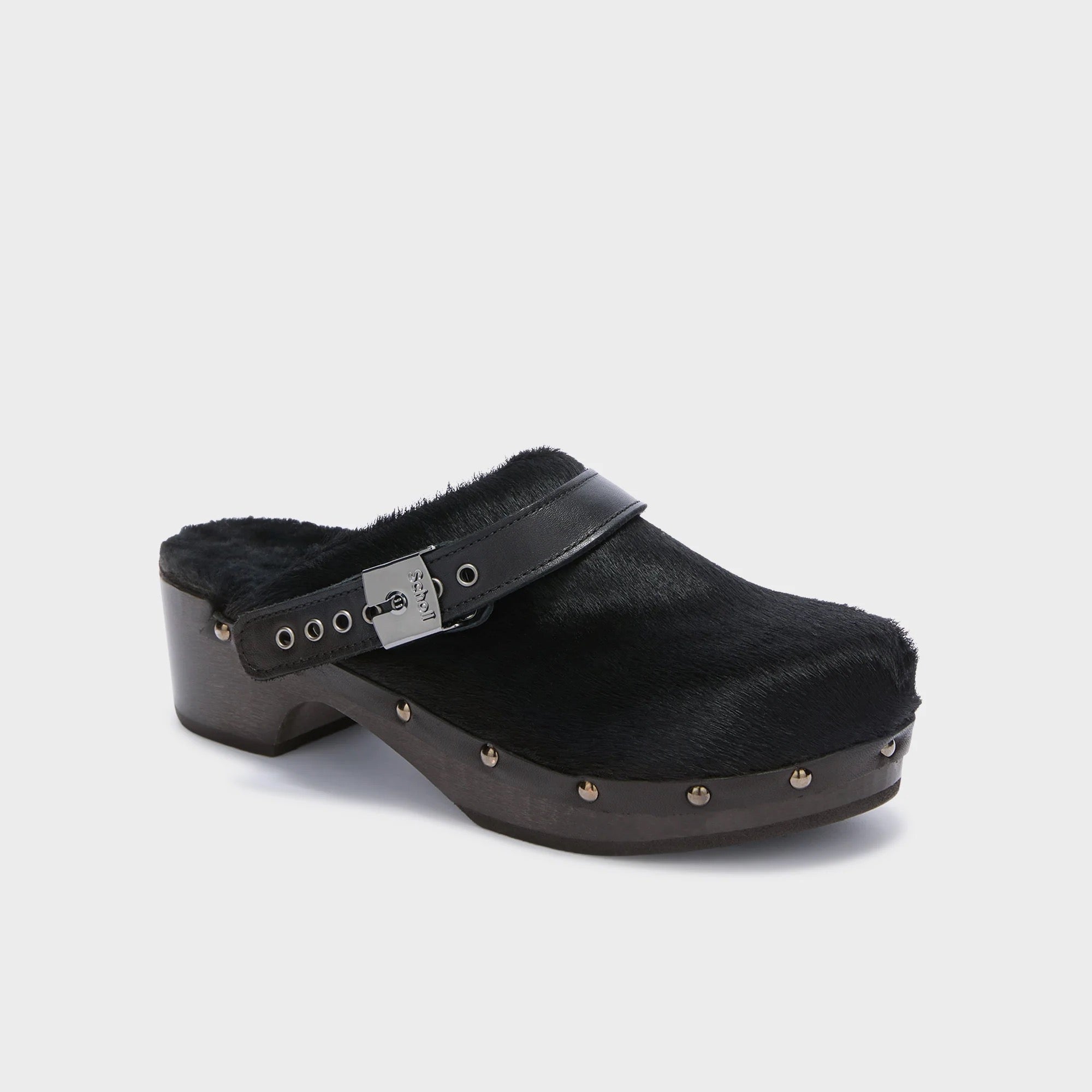 Pony leather wooden clogs with faux fur lining, black, stylish and comfortable footwear.
