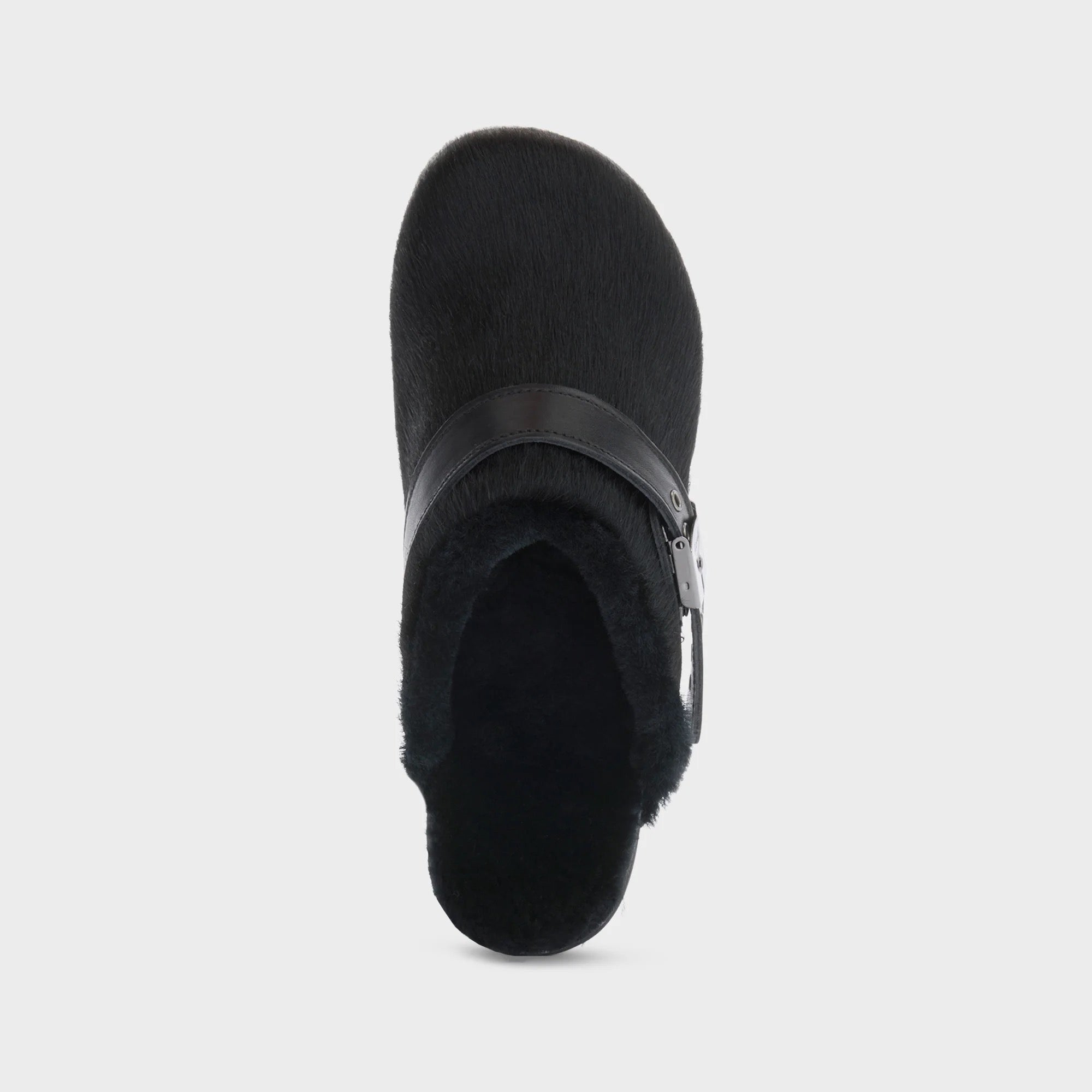 Ponytail leather wooden clogs featuring black pony leather and faux fur lining, top view.