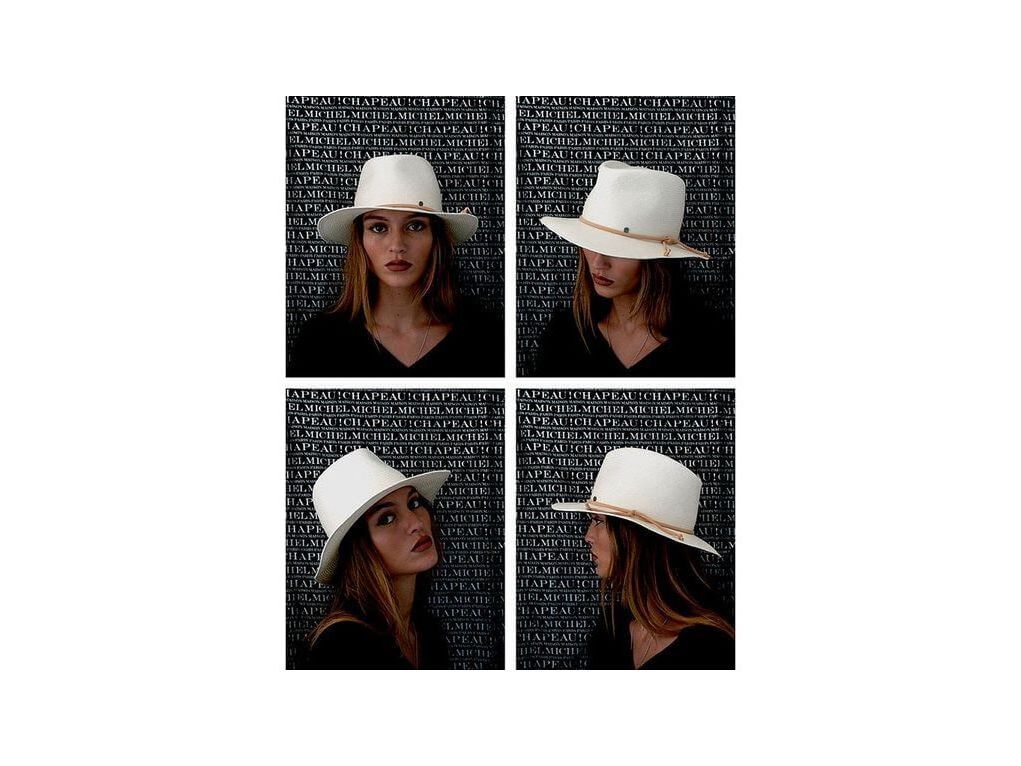 Chapeau Andre hat capsule displayed in four angles, featuring a natural straw fedora with camel ribbon.