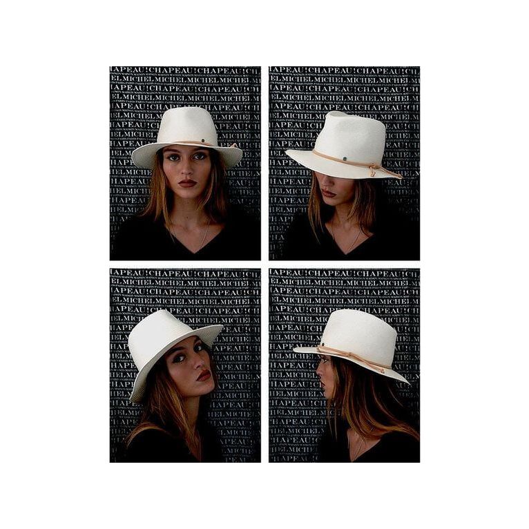 Chapeau Andre hat capsule displayed in four angles, featuring a natural straw fedora with camel ribbon.