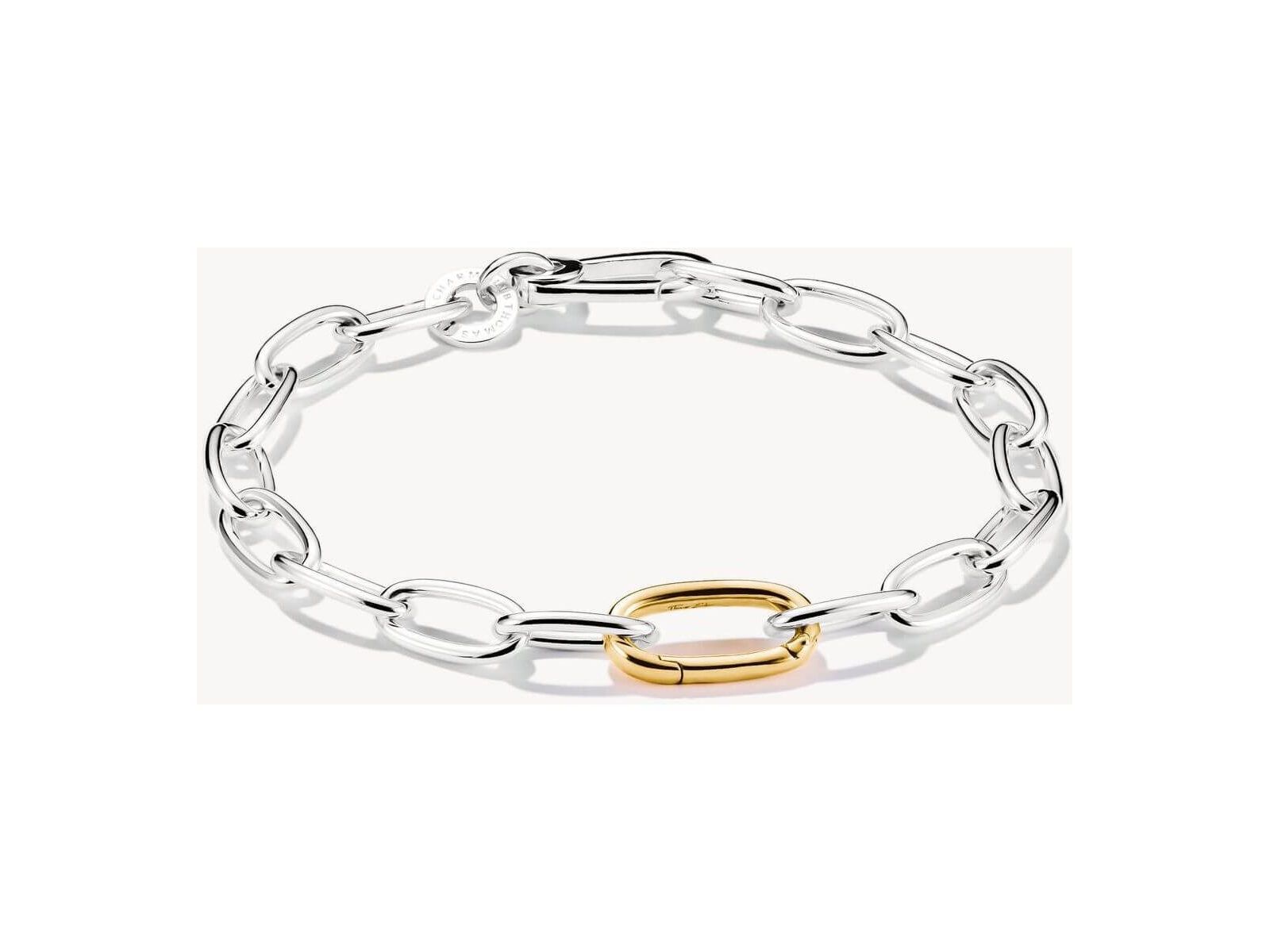 Bracelet charm bicolore en argent 925 avec maillon central doré, design moderne et élégant.