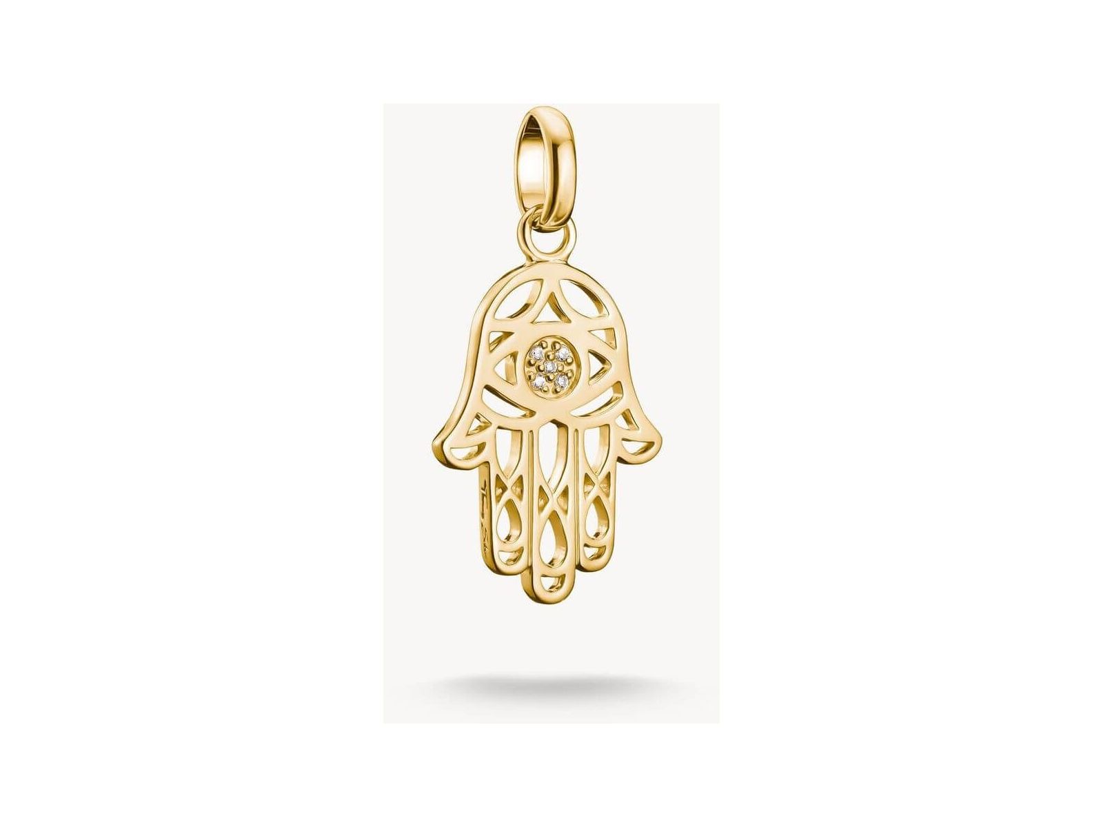 Pendentif charm Main Hamsa en or plaqué, orné de zircons, symbolisant protection et chance.