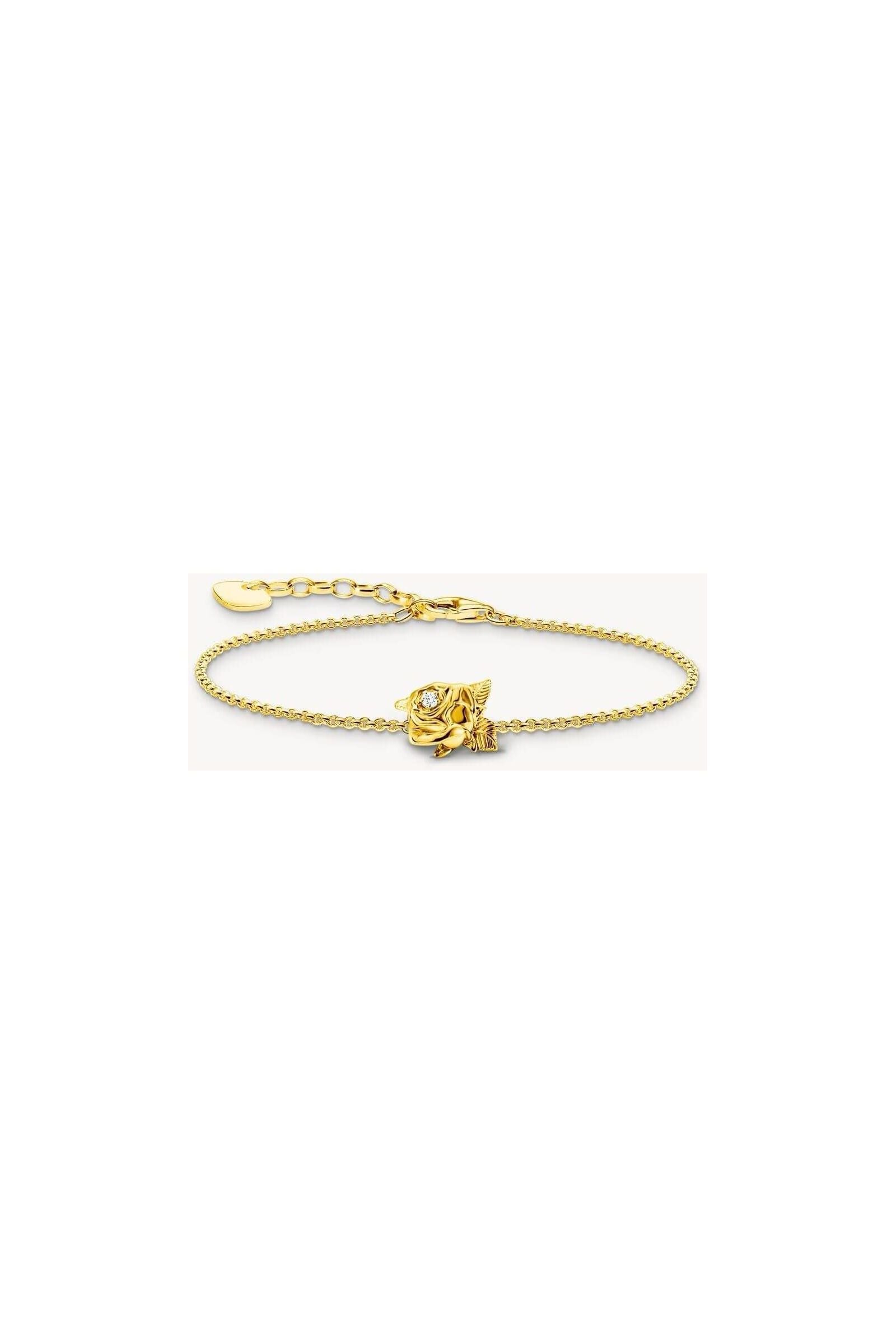 Bracelet rose en plaqué or 18 carats avec rose 3D et zircon blanc, ajustable de 16 à 19 cm.