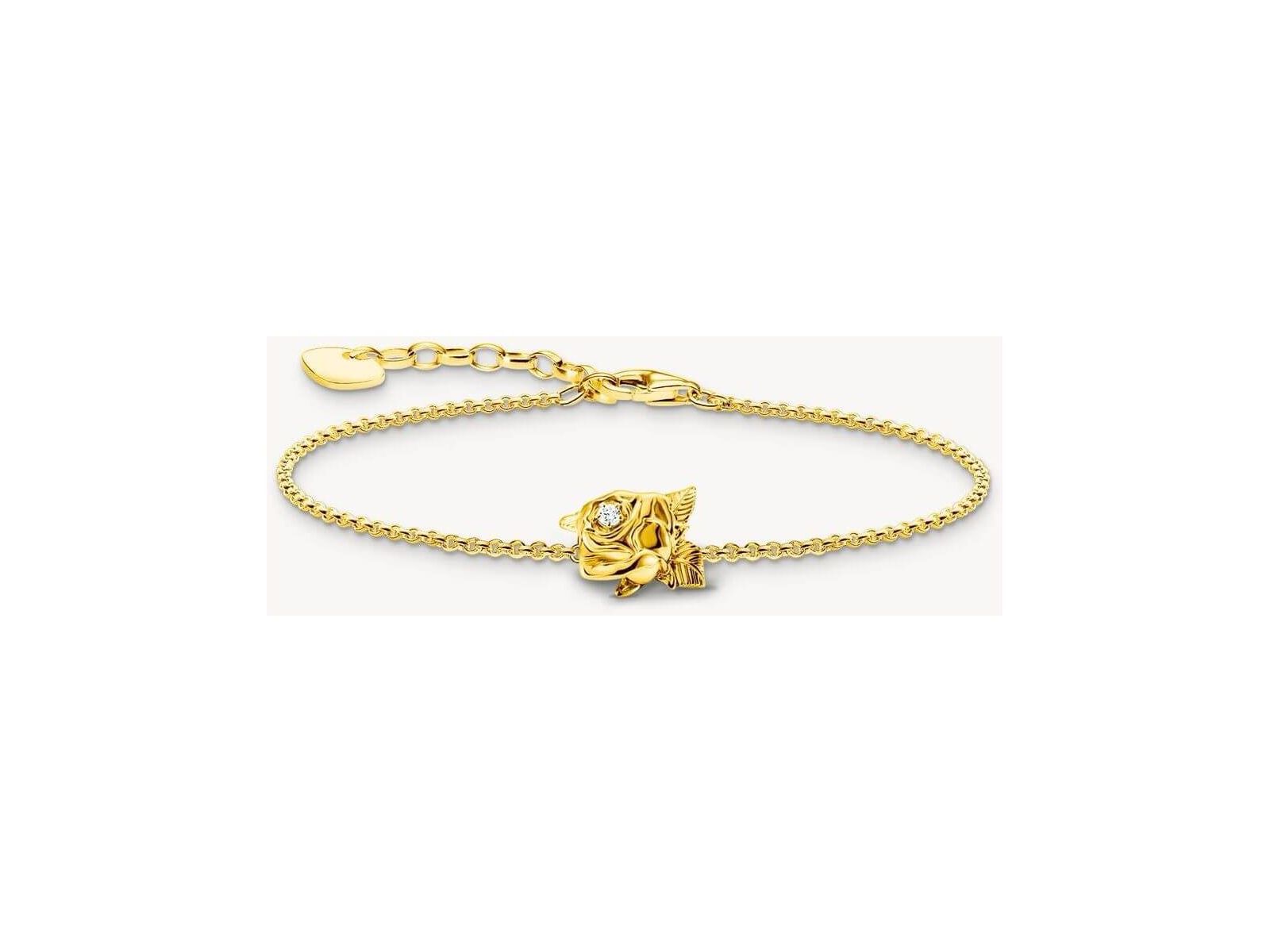 Bracelet rose en plaqué or 18 carats avec rose 3D et zircon blanc, ajustable de 16 à 19 cm.