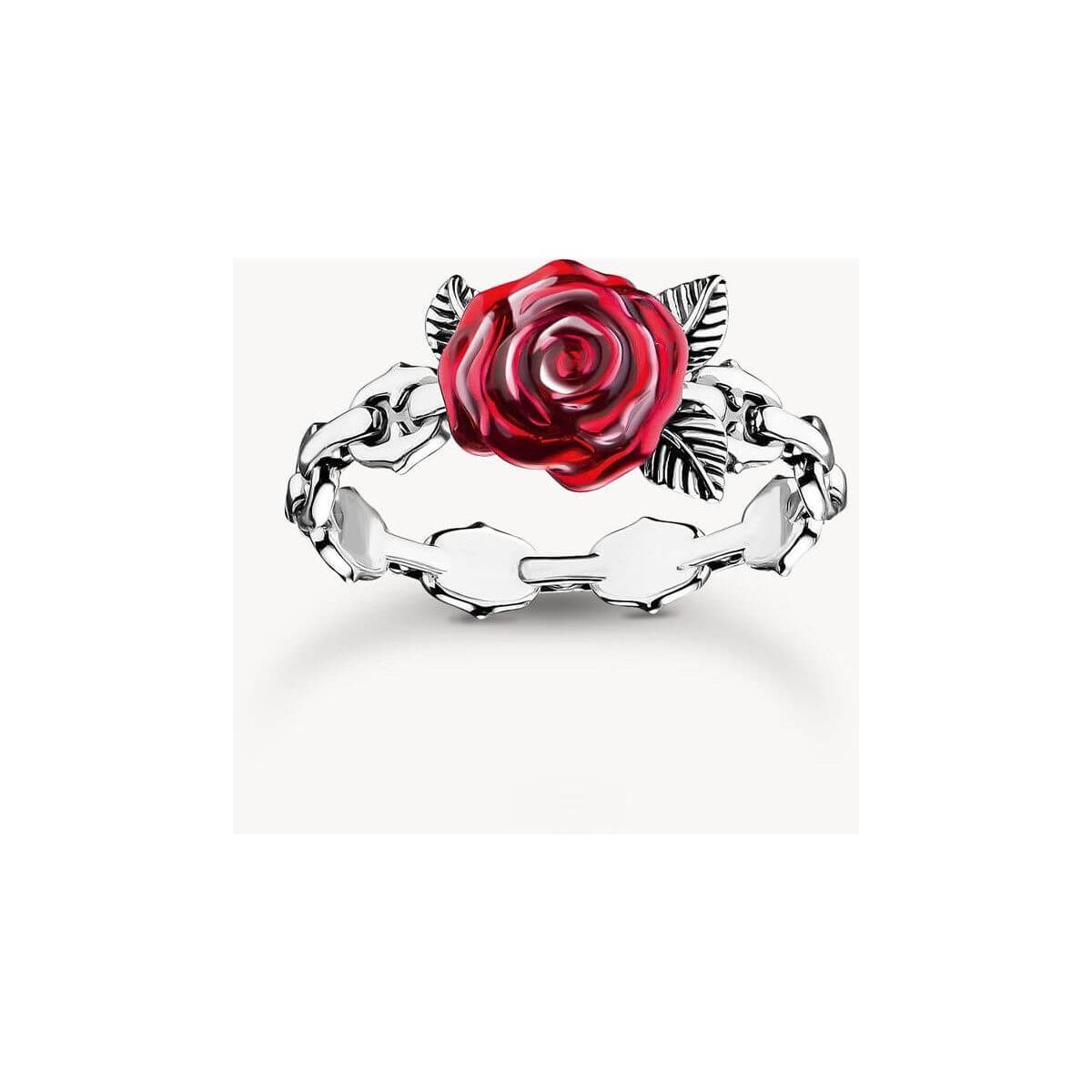 Bague Roses Romance argent en argent noirci avec rose rouge en émail, design inspiré de la victorien.