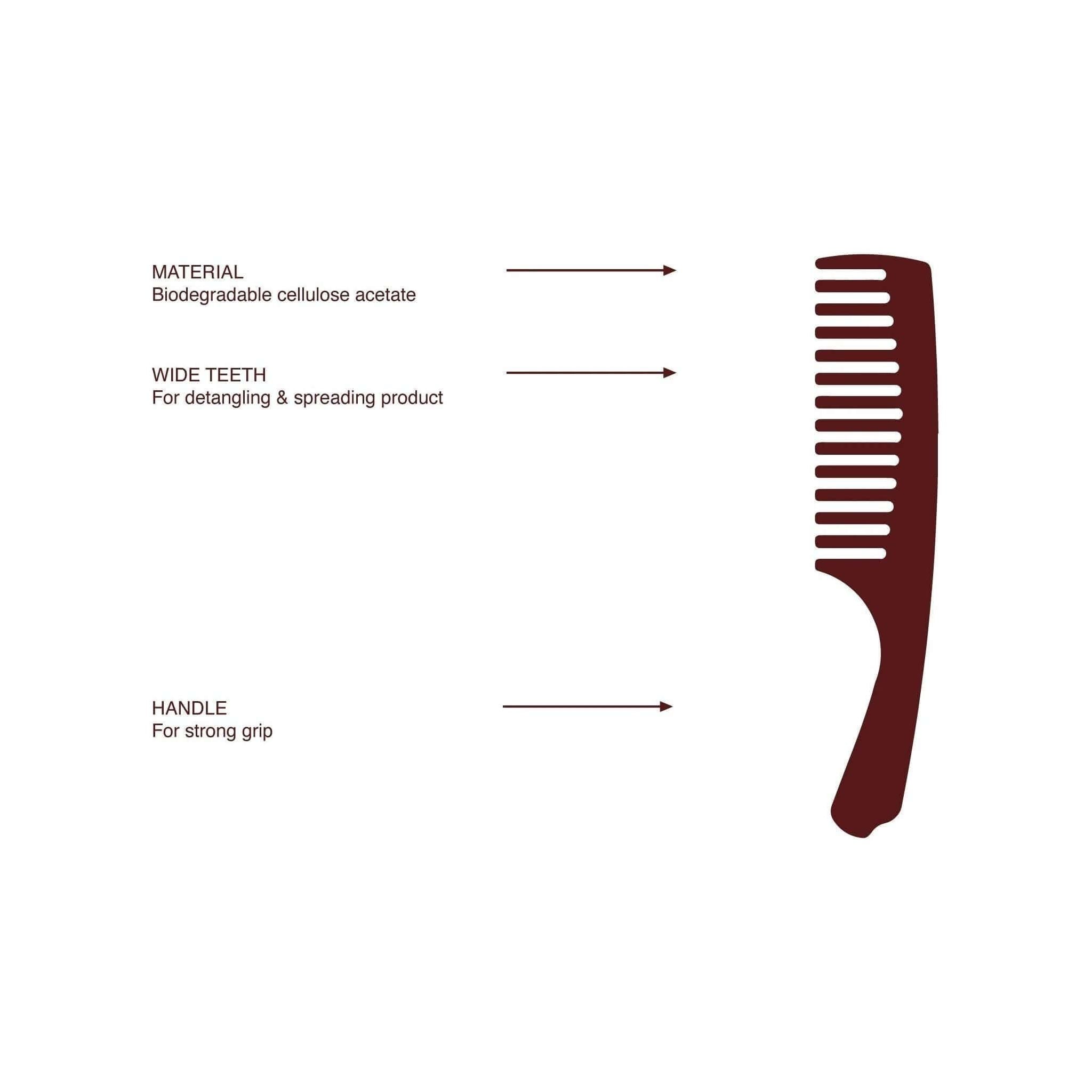 Peigne Wet Comb en acétate biodégradable avec dents larges pour démêlage et prise en main solide.