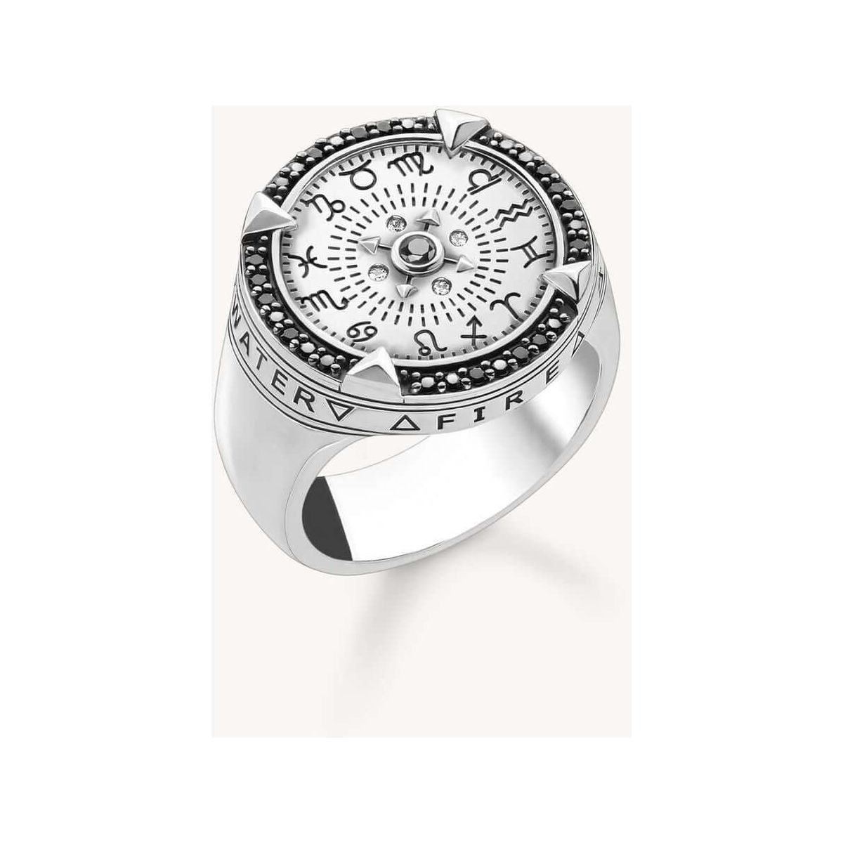 Bague Elements of Nature argent en argent sterling 925 avec les signes du zodiaque et gravures des quatre éléments.