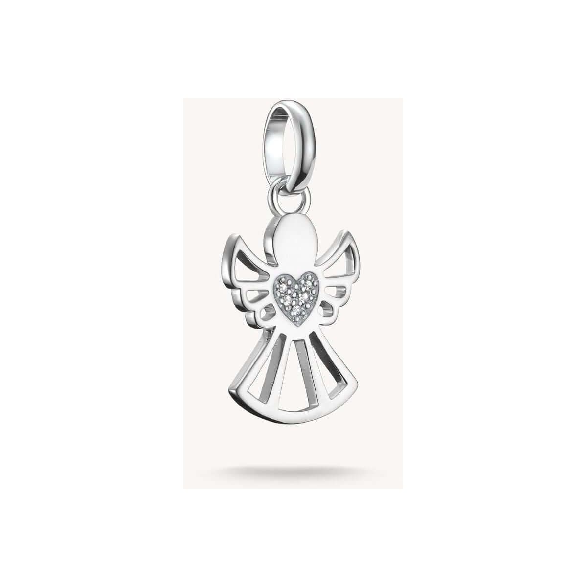 Pendentif charm en argent recyclé en forme d'ange avec cœur pavé de zirconiums blancs.