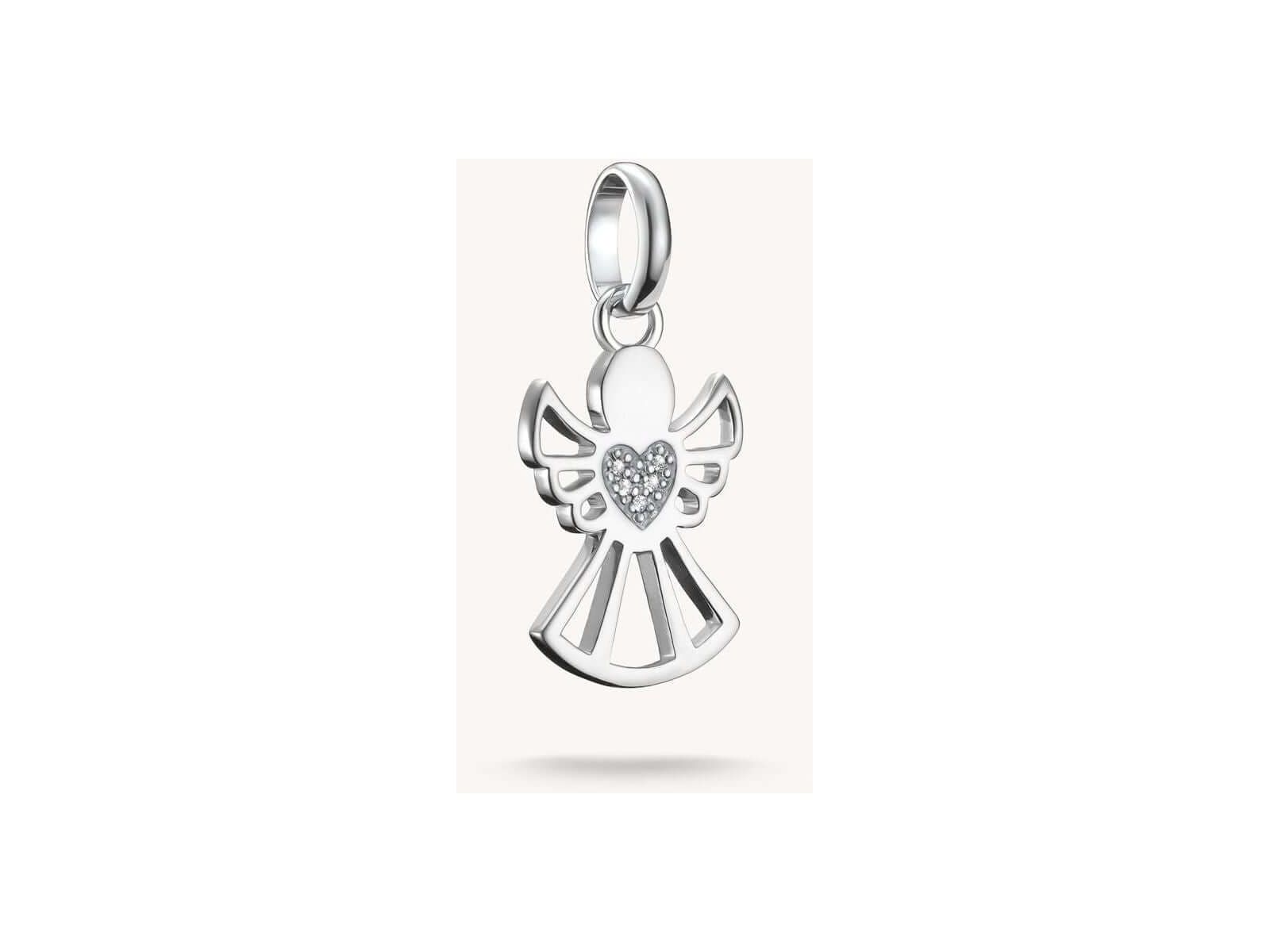 Pendentif charm en argent recyclé en forme d'ange avec cœur pavé de zirconiums blancs.