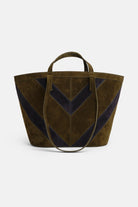 sac à main en cuir suédé Missoni medium trapézoïdal en teinture aubergine et olive, élégant et raffiné.