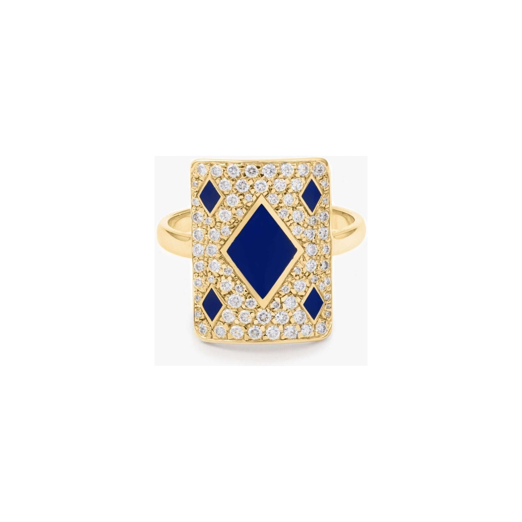 Bague bleu honneur en or jaune 18 carats avec diamants, design élégant et talisman totem.