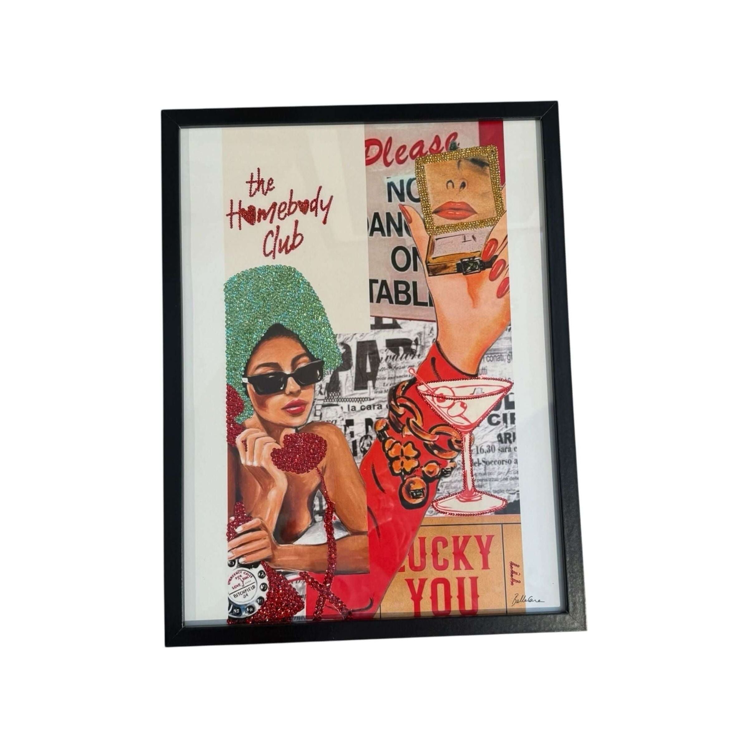 Art print in black frame featuring glamorous woman with sunglasses, cocktail, and vibrant colors for stylish decor.