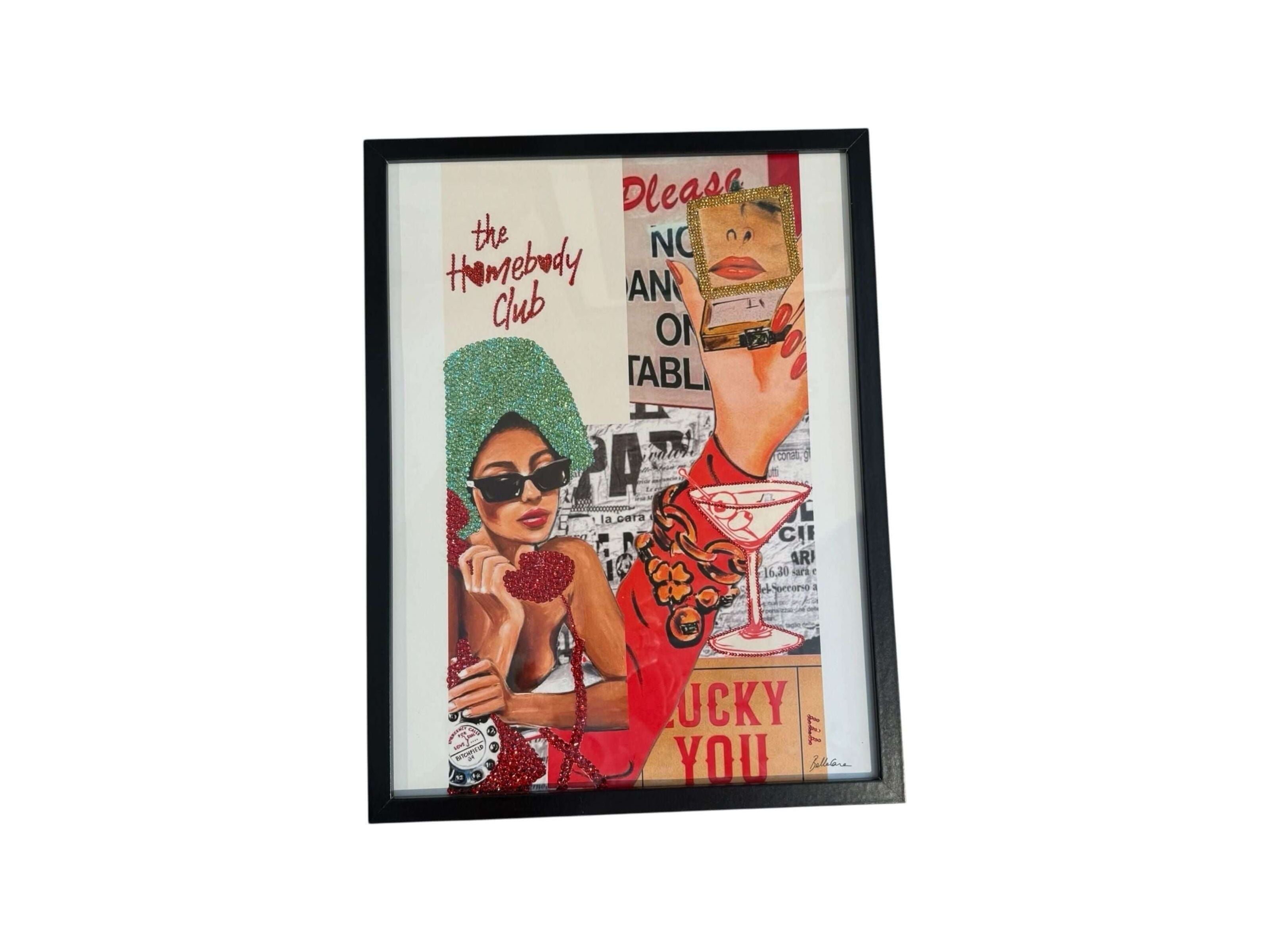 Art print in black frame featuring glamorous woman with sunglasses, cocktail, and vibrant colors for stylish decor.