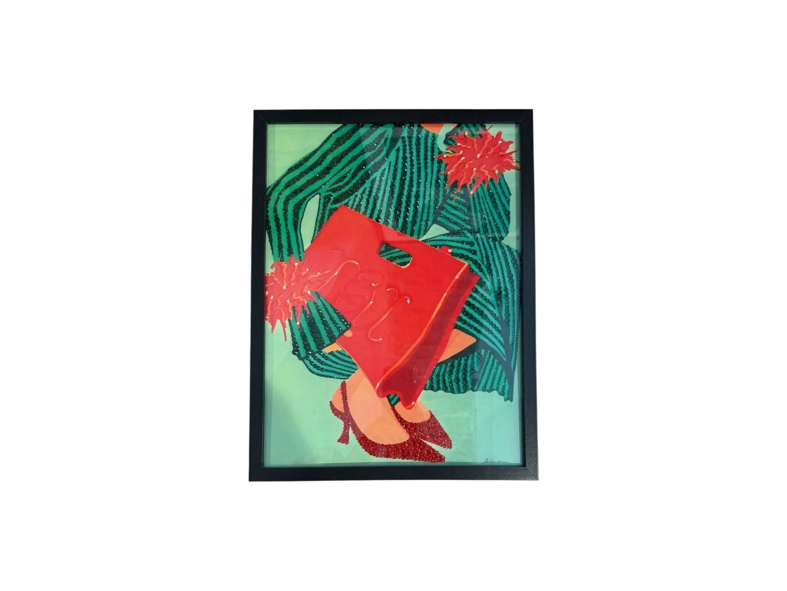 Photo encadrée 30x40 avec strass brillants et un motif de chaussure rouge sur fond vert, ajoutant glamour à la décoration.