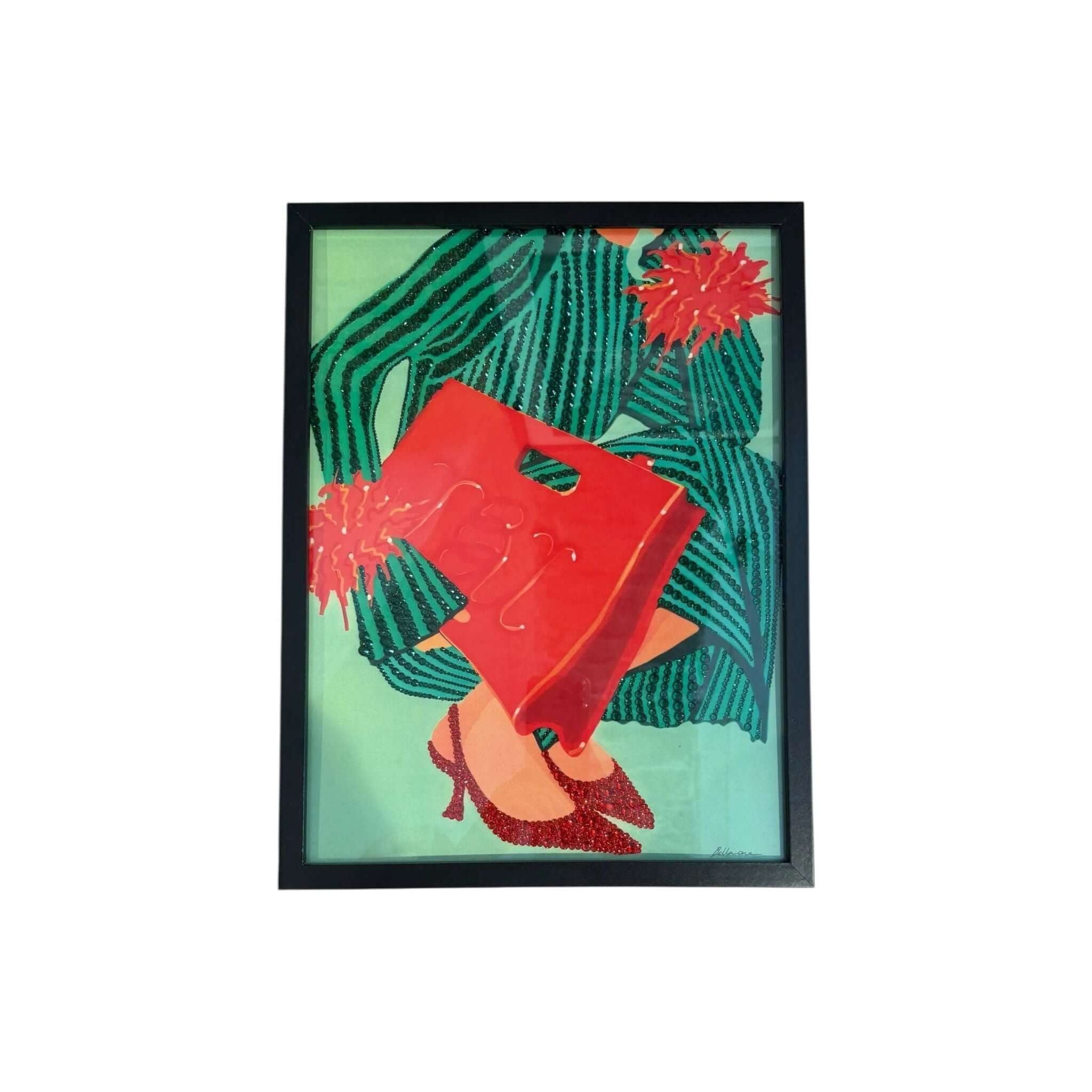Photo encadrée 30x40 avec strass brillants et un motif de chaussure rouge sur fond vert, ajoutant glamour à la décoration.