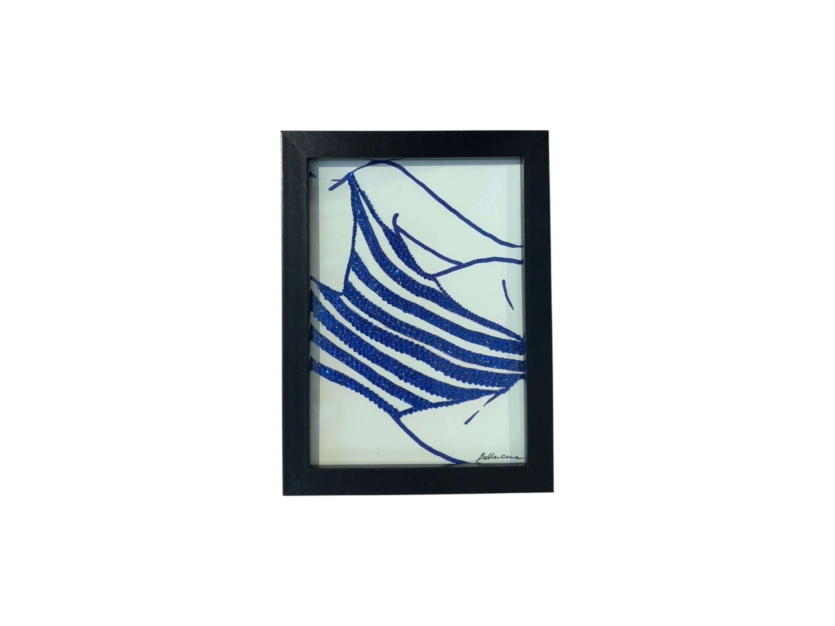 Framed photo 13x19 cm featuring a blue and white striped swimsuit design, handcrafted with crystals.