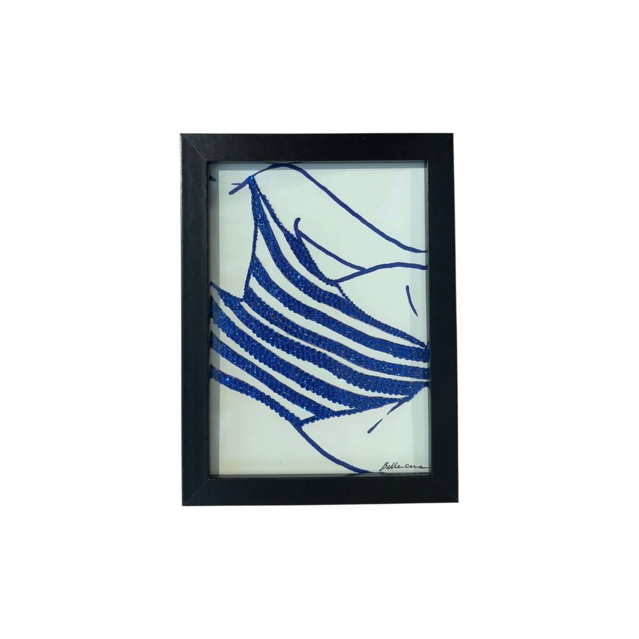 Framed photo 13x19 cm featuring a blue and white striped swimsuit design, handcrafted with crystals.