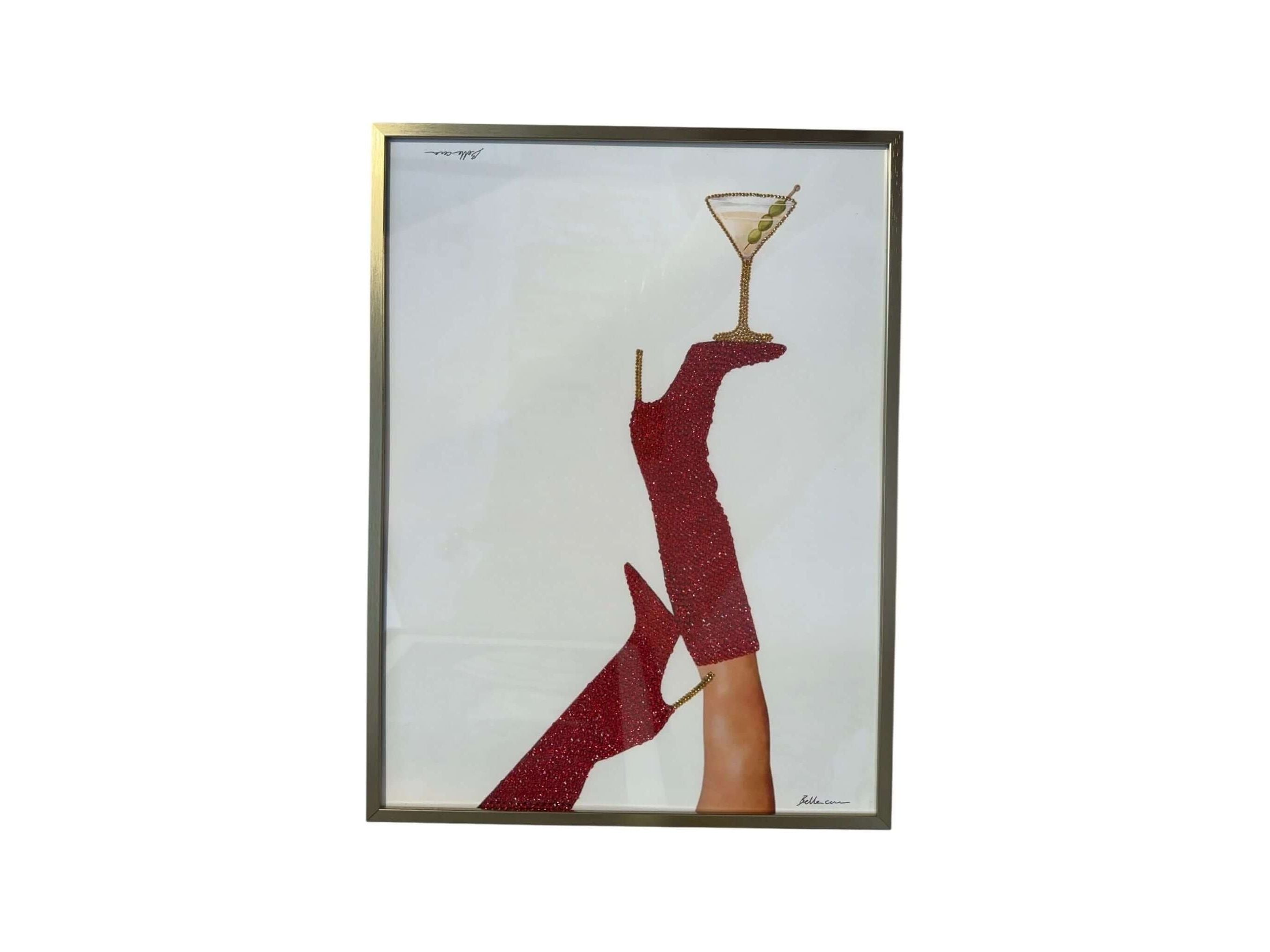 Photo encadrée 30x40 de mains en gants rouges tenant un cocktail, ajoutant glamour à la décoration.