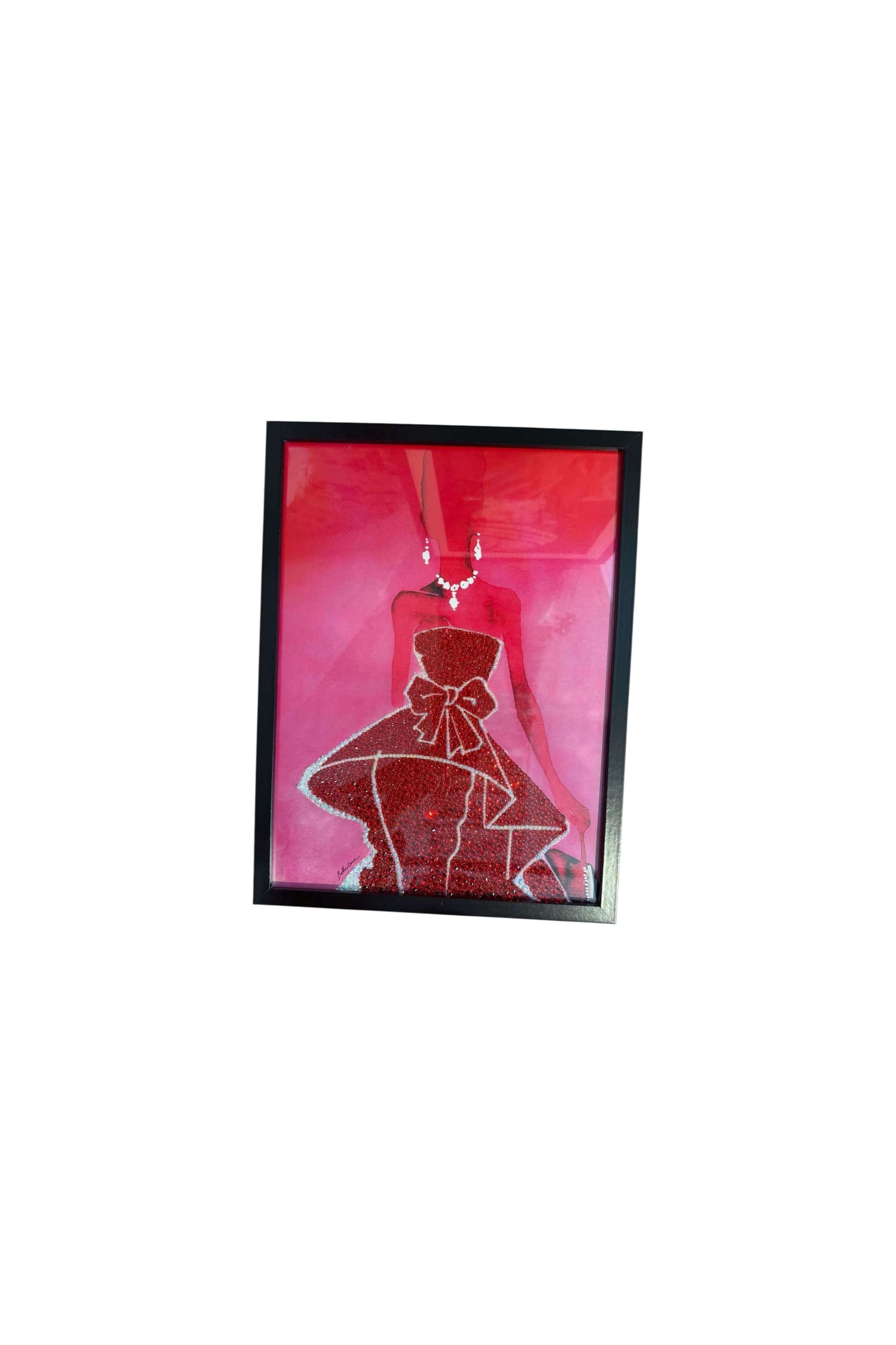 Photo encadrée 30x40 d'une silhouette en robe de soirée avec cristaux brillants sur fond rose, apportant élégance et glamour.